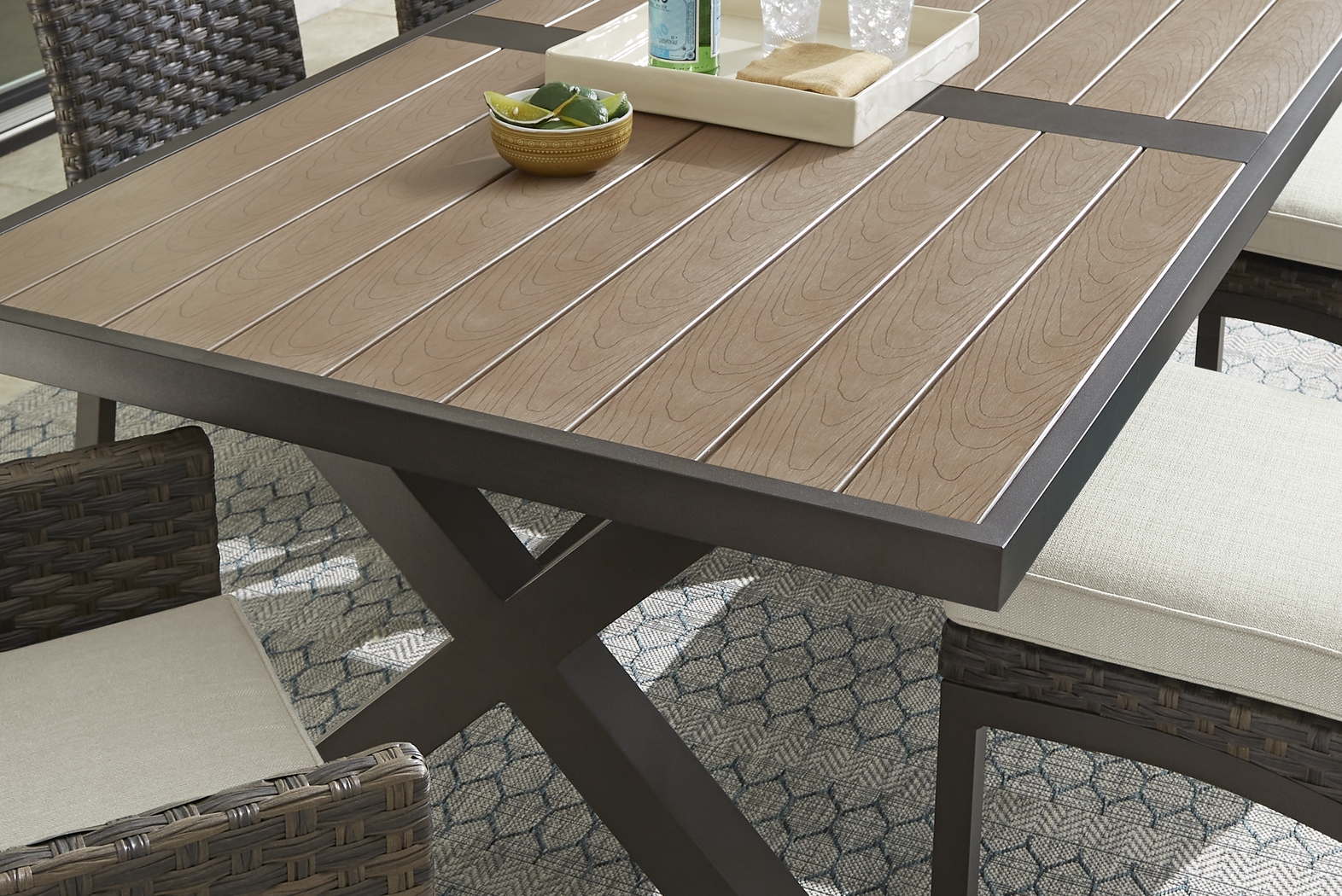 Rialto Brown 7 Pc 71 in. Rectangle Outdoor Dining Set with Putty Cushions - Thumbnail - Image 4