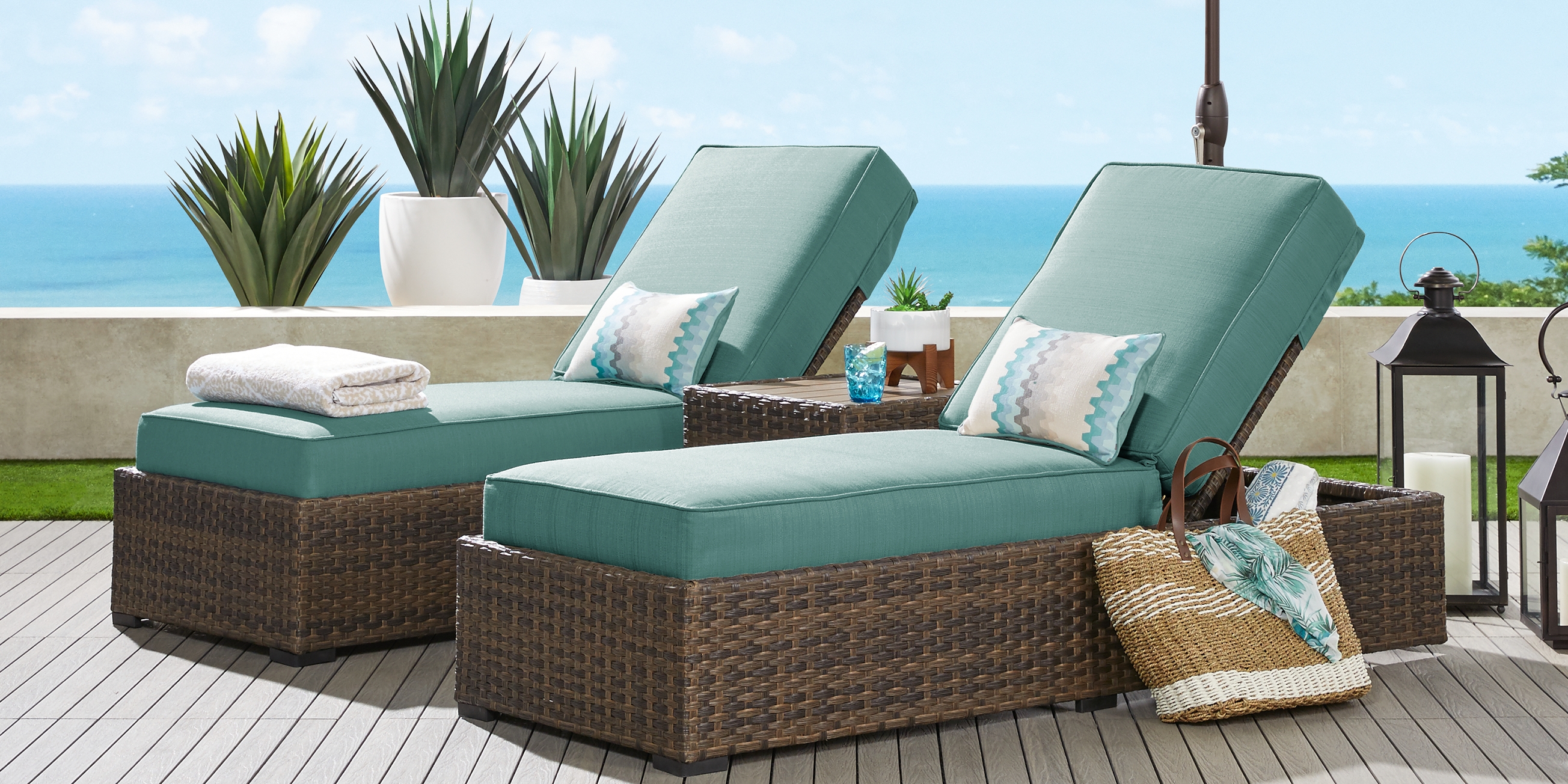 Rialto Brown Outdoor Chaise with Aqua Cushions, Set of 2 - Thumbnail - Image 2