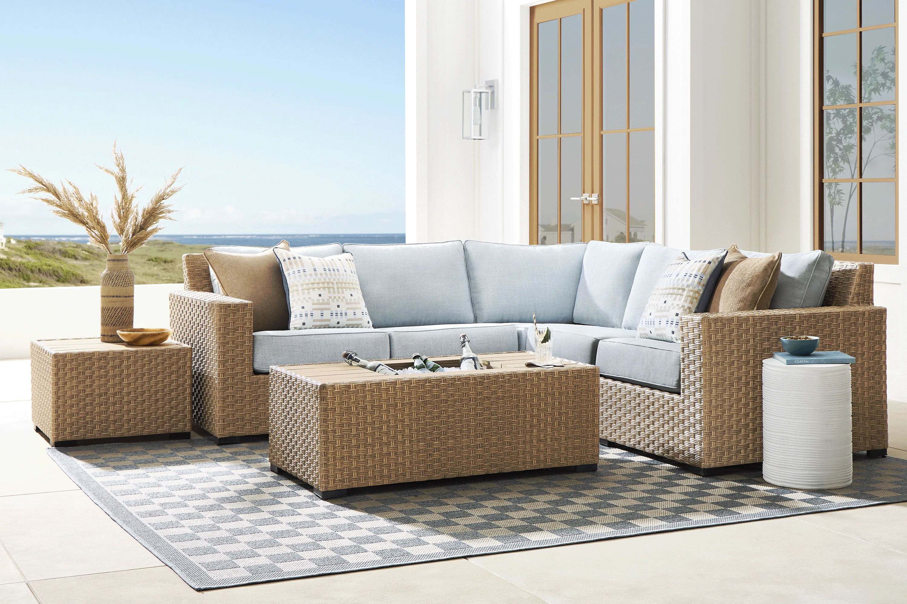 Rialto II Natural 3 Pc Outdoor Sectional with Sky Cushions - Thumbnail - Image 2