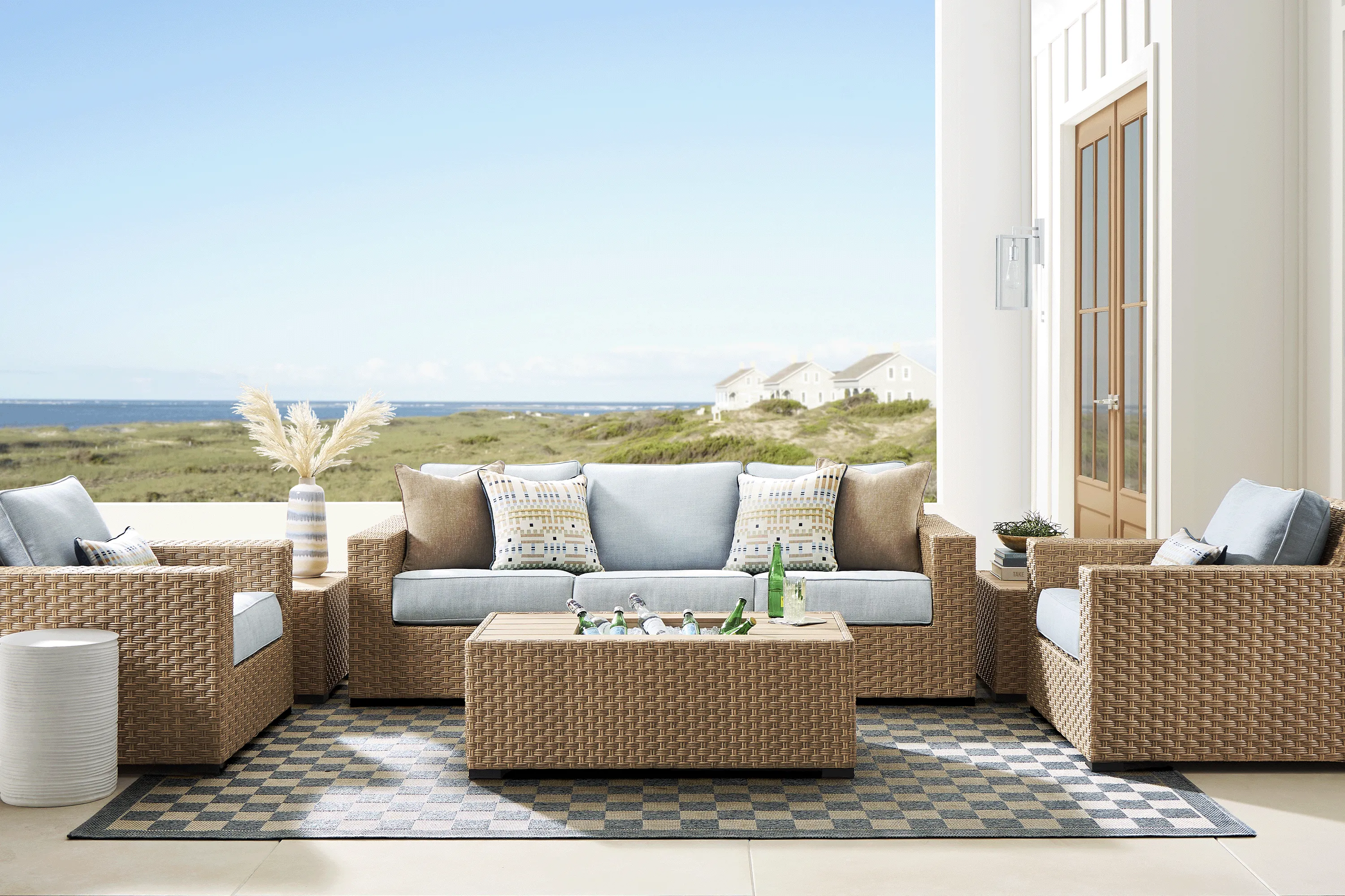 Rialto II Natural 4 Pc Outdoor Seating Set with Sky Cushions - Thumbnail - Image 1