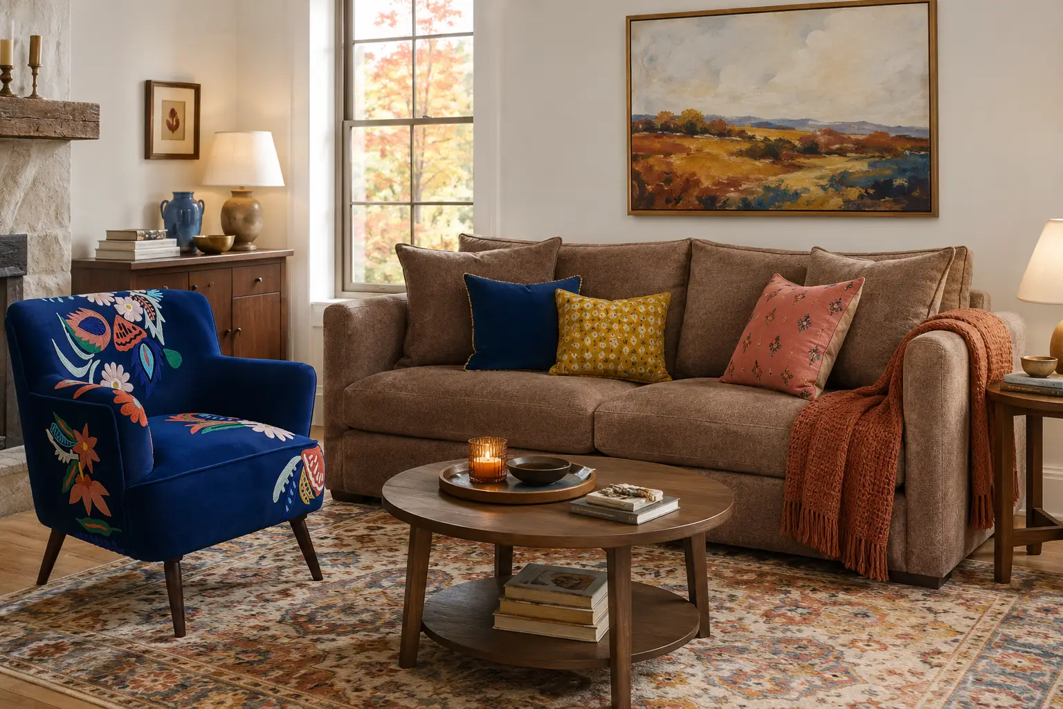 A cozy living room featuring a brown sofa, a blue floral armchair, a round wooden coffee table, and a patterned area rug.