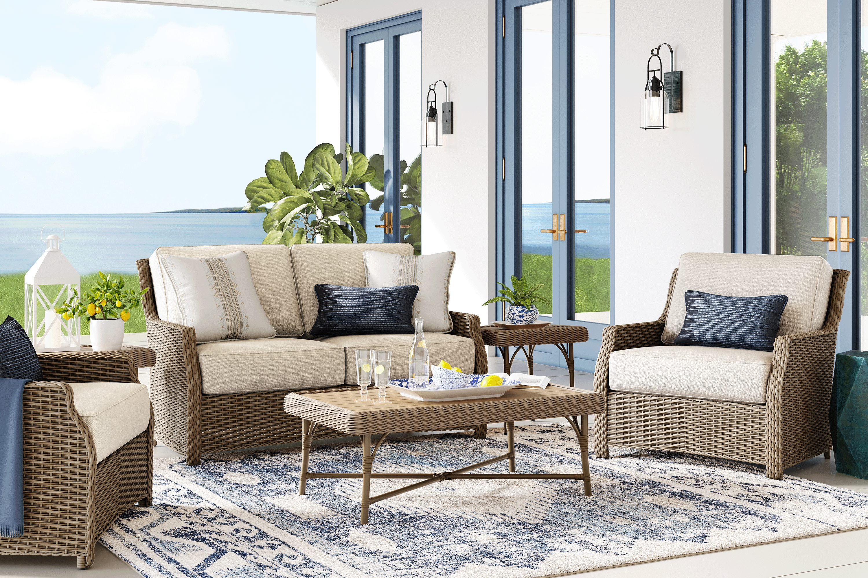 Ridgecrest Brown 4 Pc Outdoor Loveseat Seating Set with Pebble Cushions - Thumbnail - Image 1