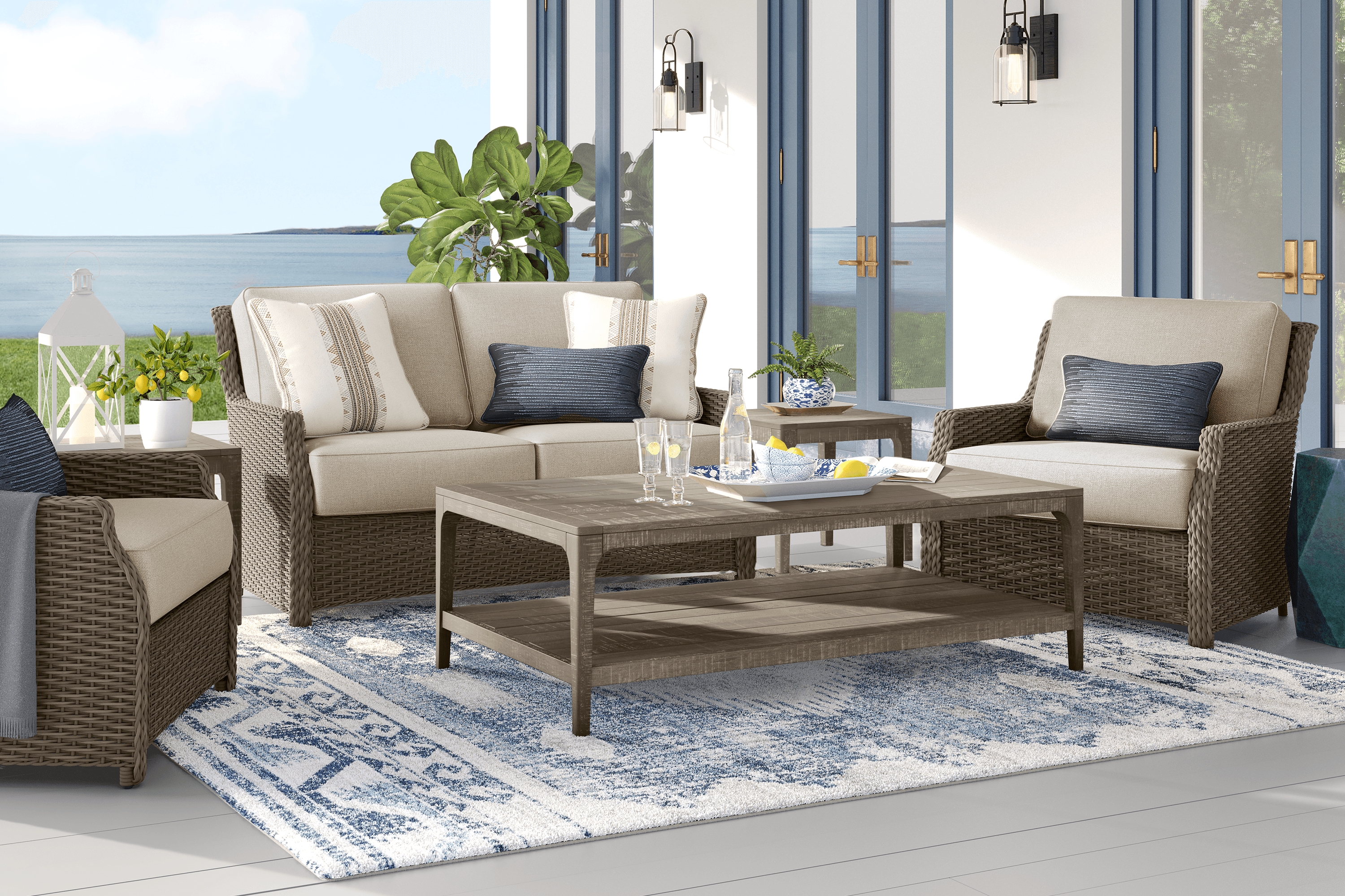 Ridgecrest Gray 4 pc Outdoor Loveseat Seating Set With Pebble Cushions - Thumbnail - Image 1