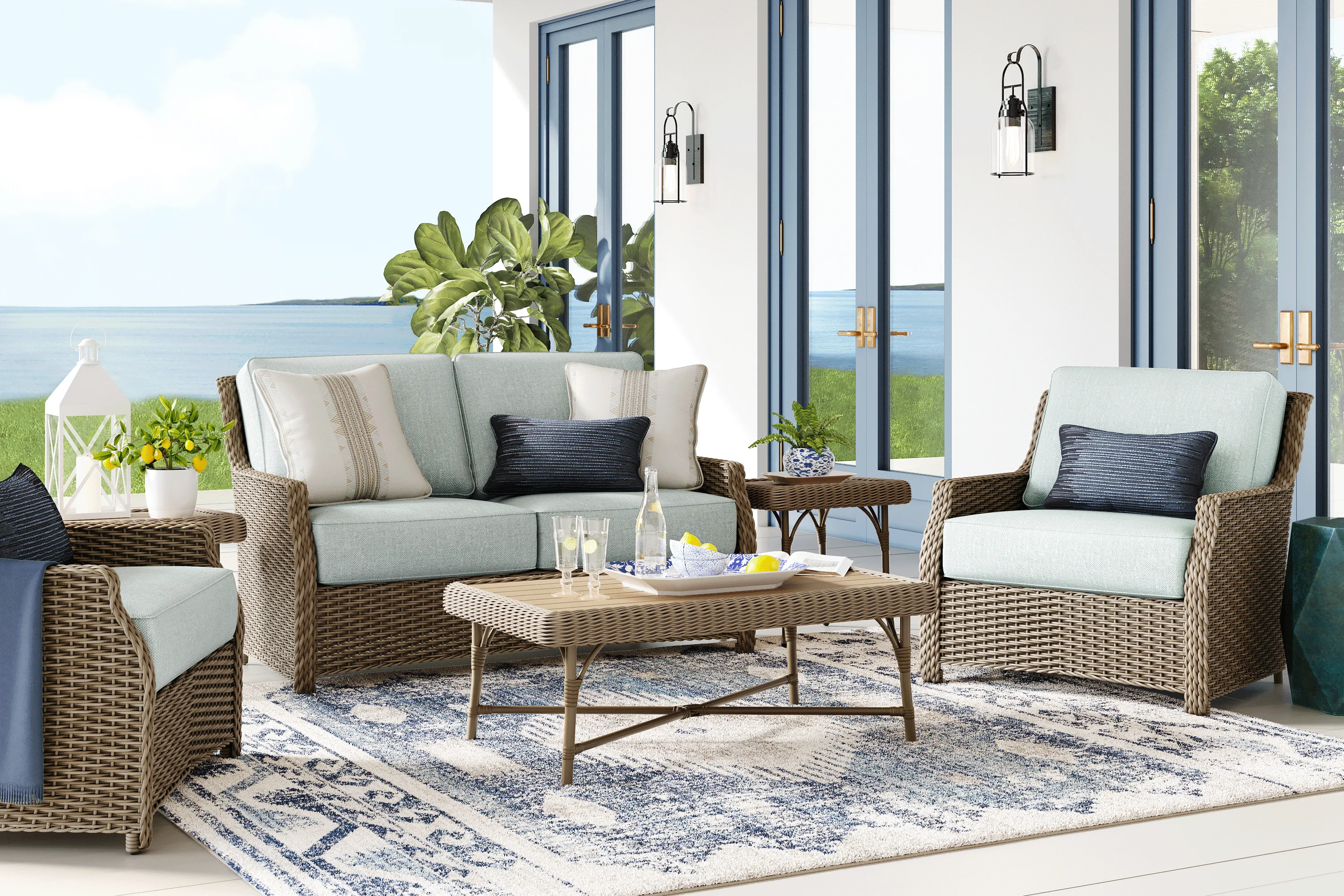 Ridgecrest Brown 4 Pc Outdoor Loveseat Seating Set with Seafoam Cushions - Thumbnail - Image 1