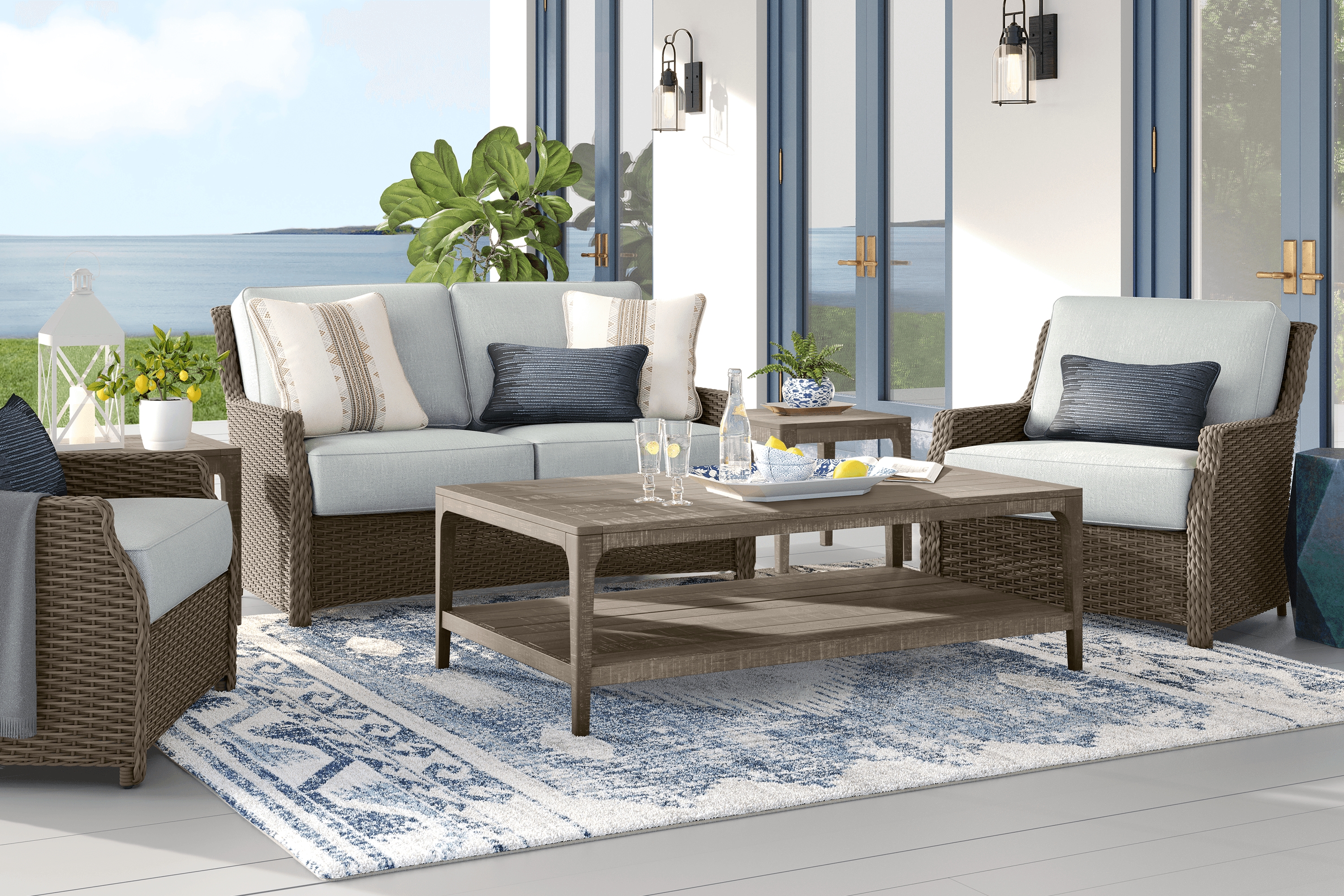 Ridgecrest Gray 4 pc Outdoor Loveseat Seating Set With Seafoam Cushions - Thumbnail - Image 1