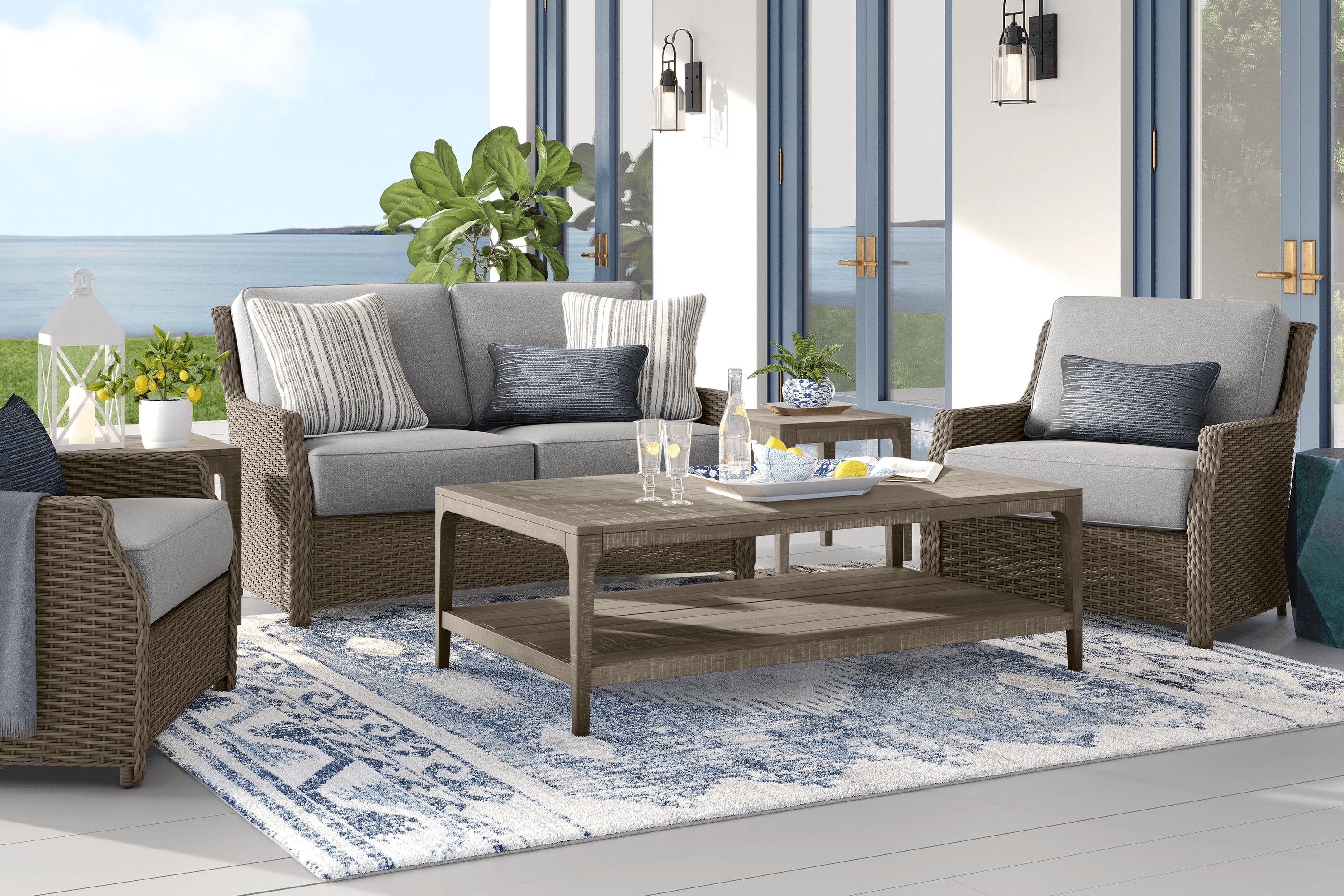 Ridgecrest Gray 4 pc Outdoor Loveseat Seating Set With Slate Cushions - Thumbnail - Image 1