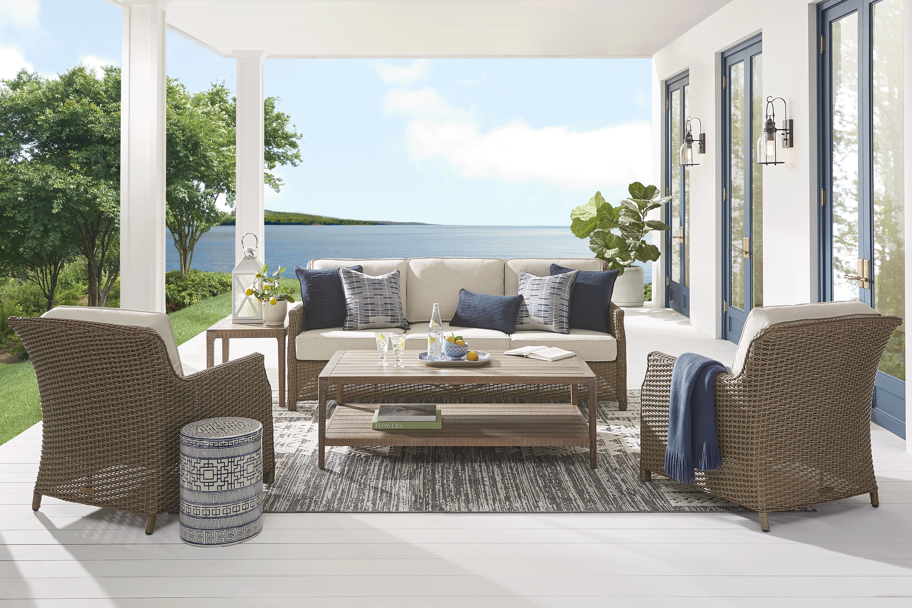 Ridgecrest Gray 4 pc Outdoor Sofa Seating Set With Parchment Cushions - Thumbnail - Image 1