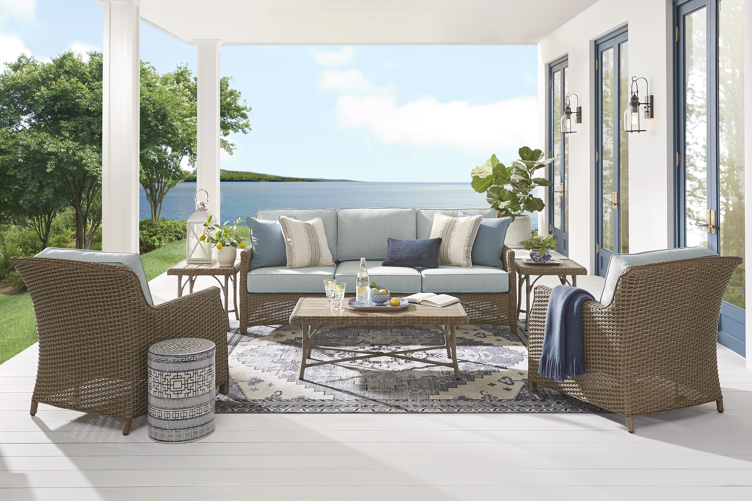 Ridgecrest Brown 4 Pc Outdoor Sofa Seating Set with Seafoam Cushions - Thumbnail - Image 1