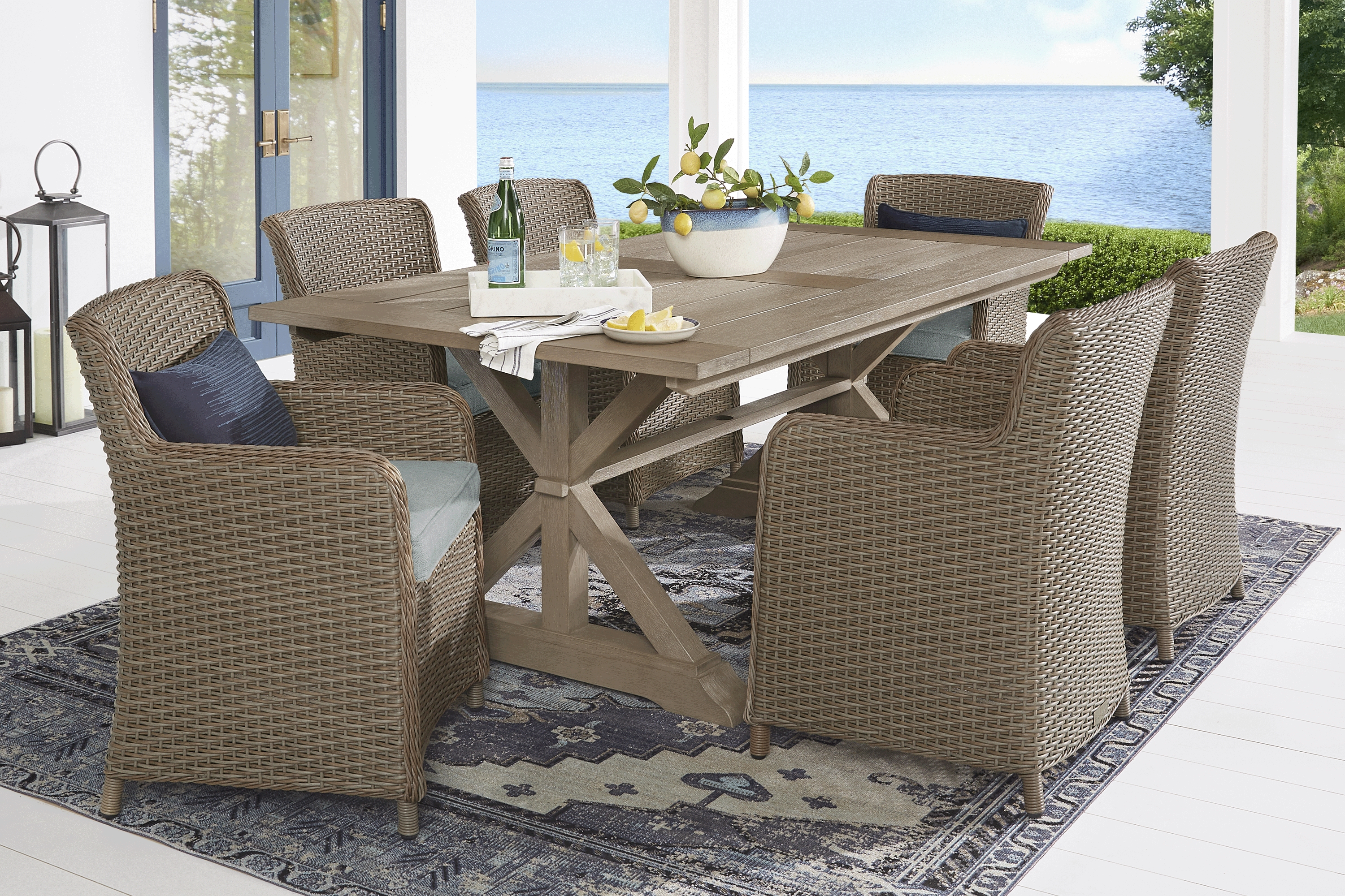 Ridgecrest Brown 5 Pc Outdoor Dining Set with Seafoam Cushions - Thumbnail - Image 1