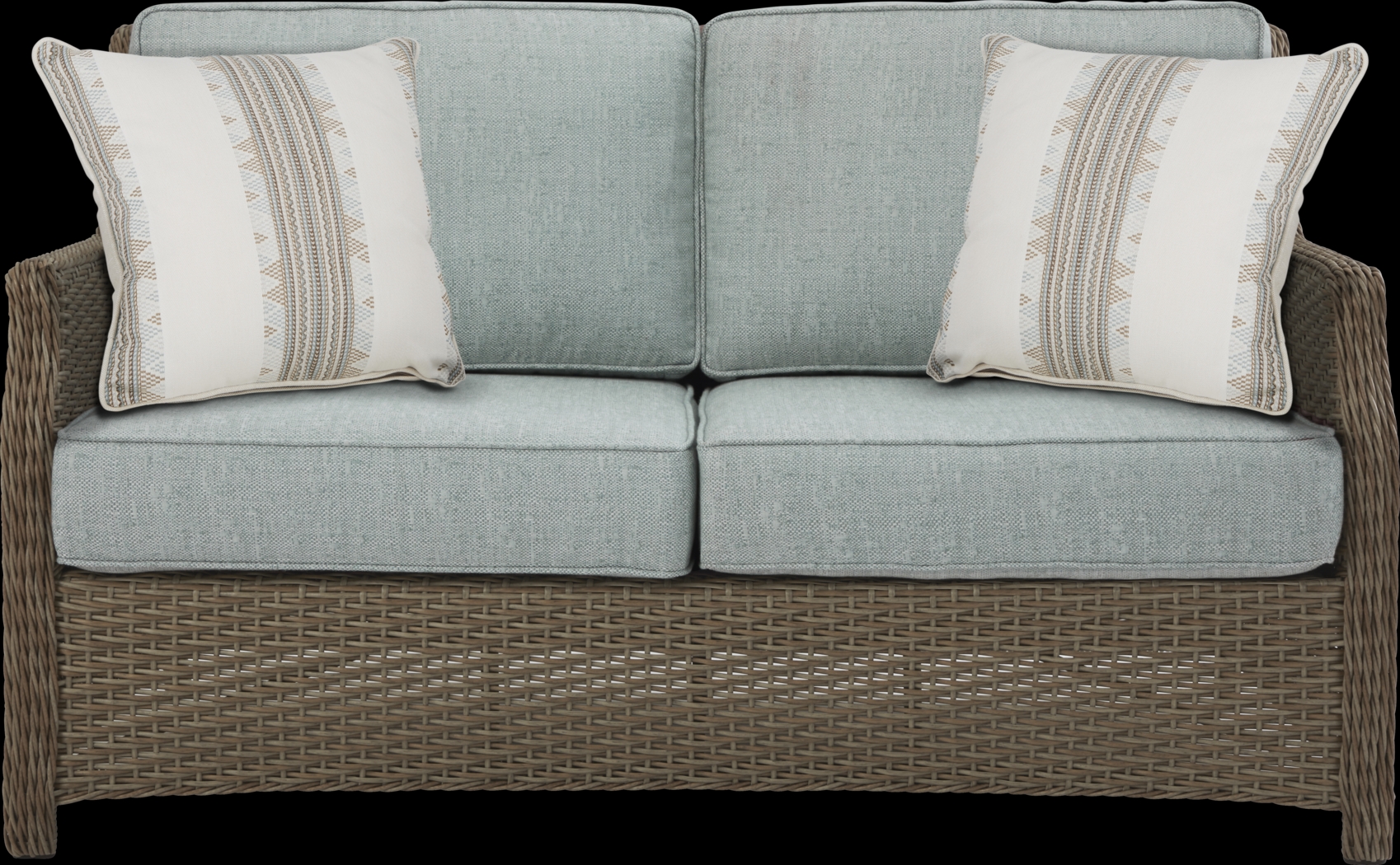 Ridgecrest Gray 4 pc Outdoor Loveseat Seating Set With Seafoam Cushions - Thumbnail - Image 2