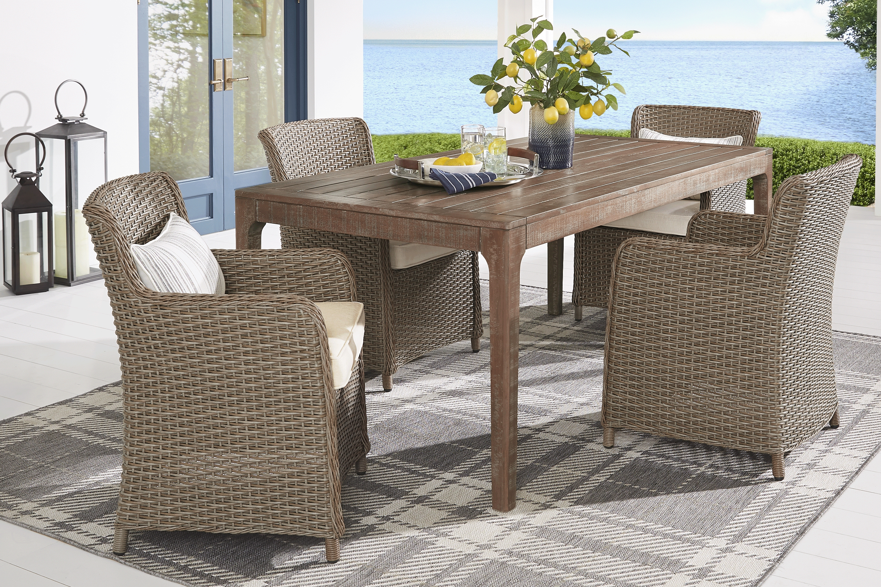 Ridgecrest Natural 5 Pc Rectangle Outdoor Dining Set With Parchment Cushions - Thumbnail - Image 1