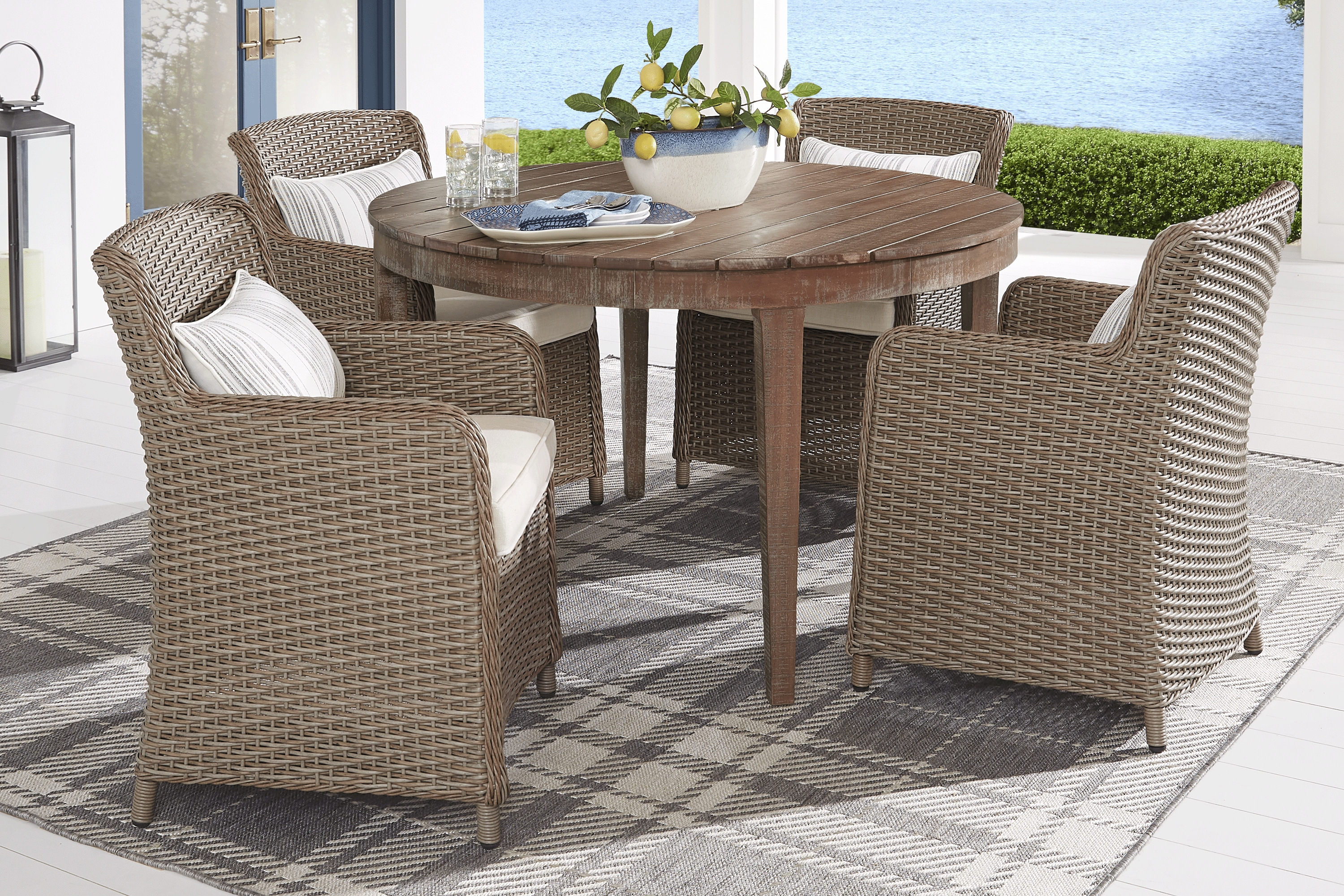 Ridgecrest Natural 5 Pc Round Outdoor Dining Set With Parchment Cushions - Thumbnail - Image 1