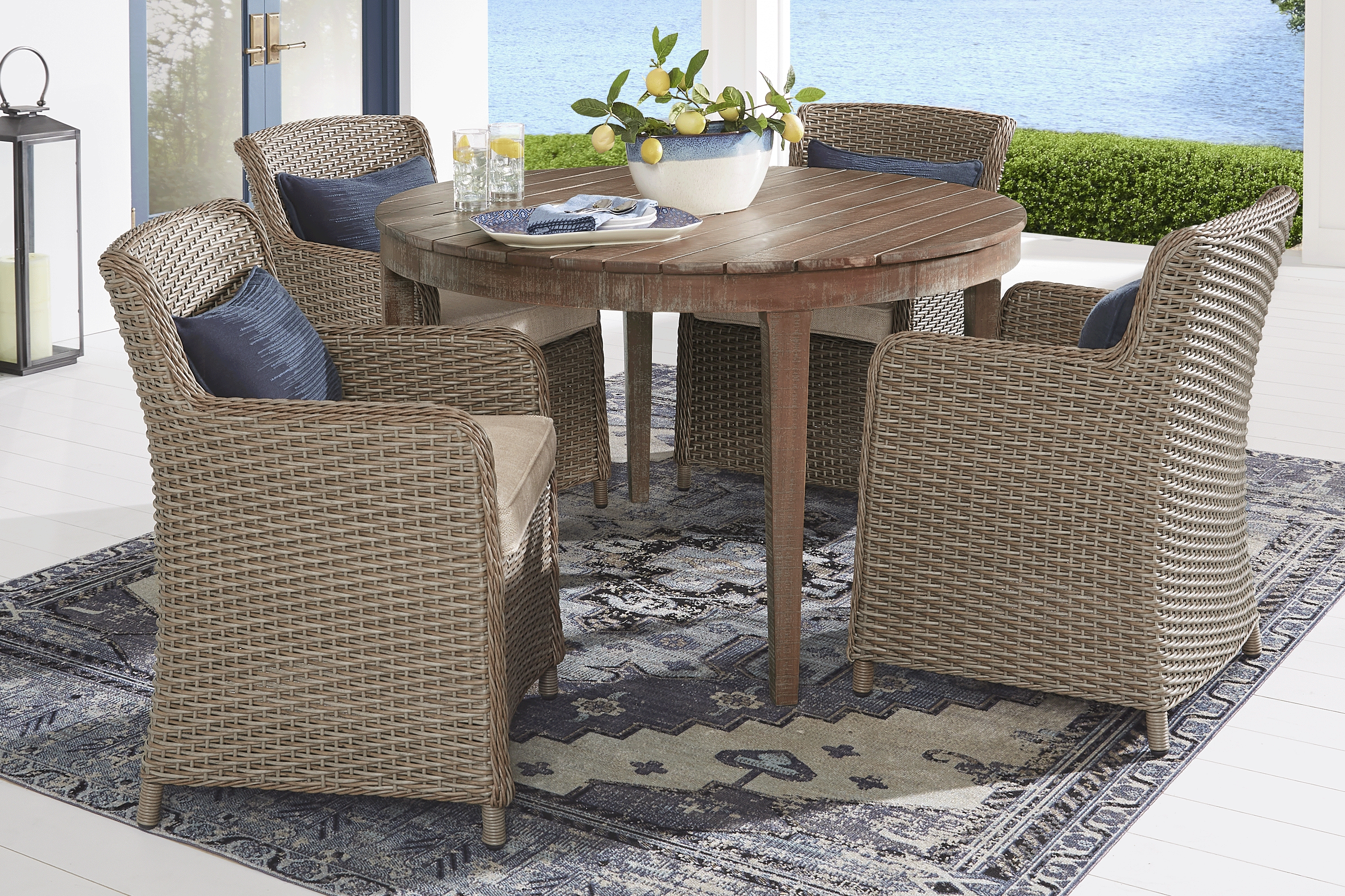 Ridgecrest Natural 5 Pc Round Outdoor Dining Set With Pebble Cushions - Thumbnail - Image 1
