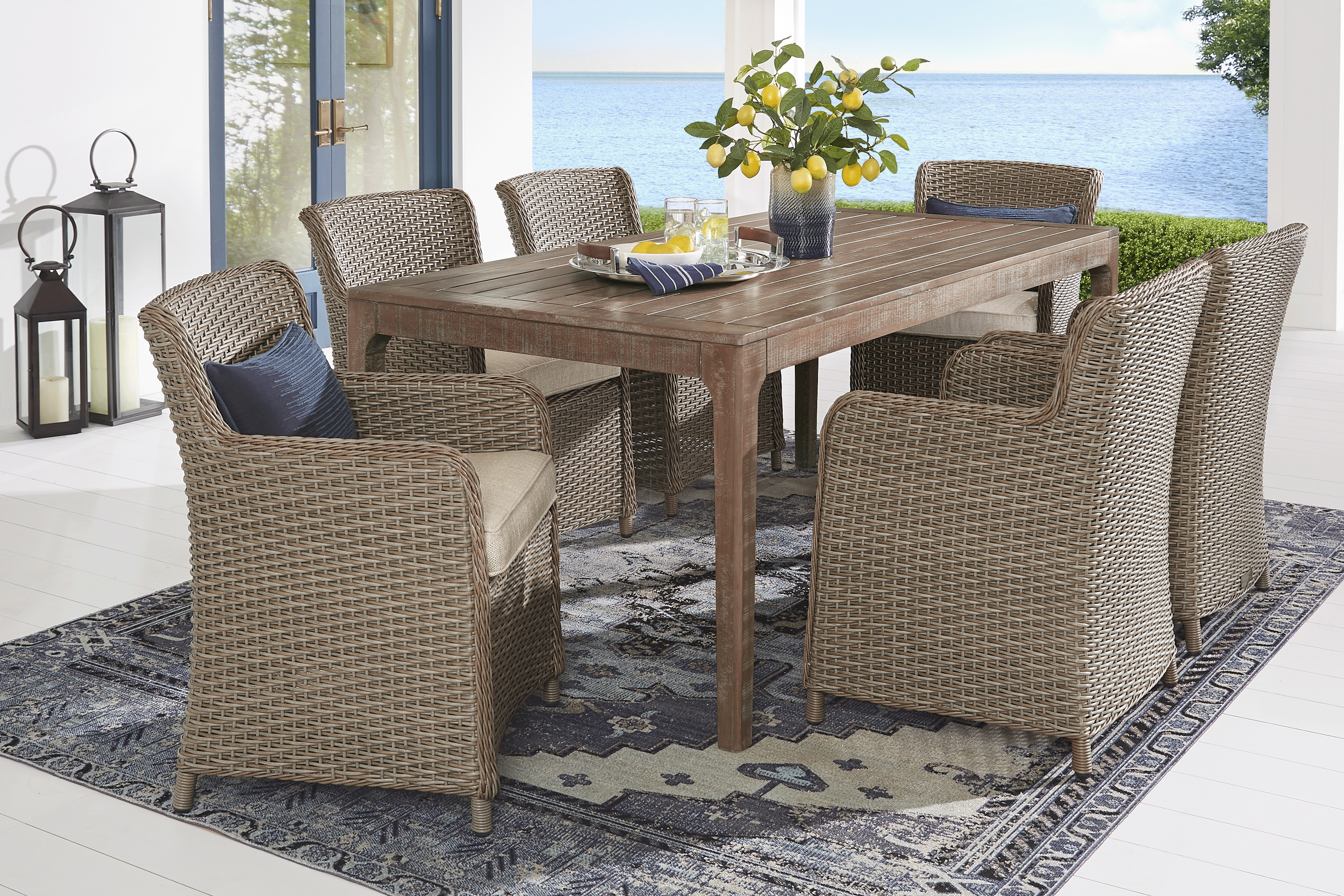 Ridgecrest Natural 7 Pc Rectangle Outdoor Dining Set With Pebble Cushions - Thumbnail - Image 1