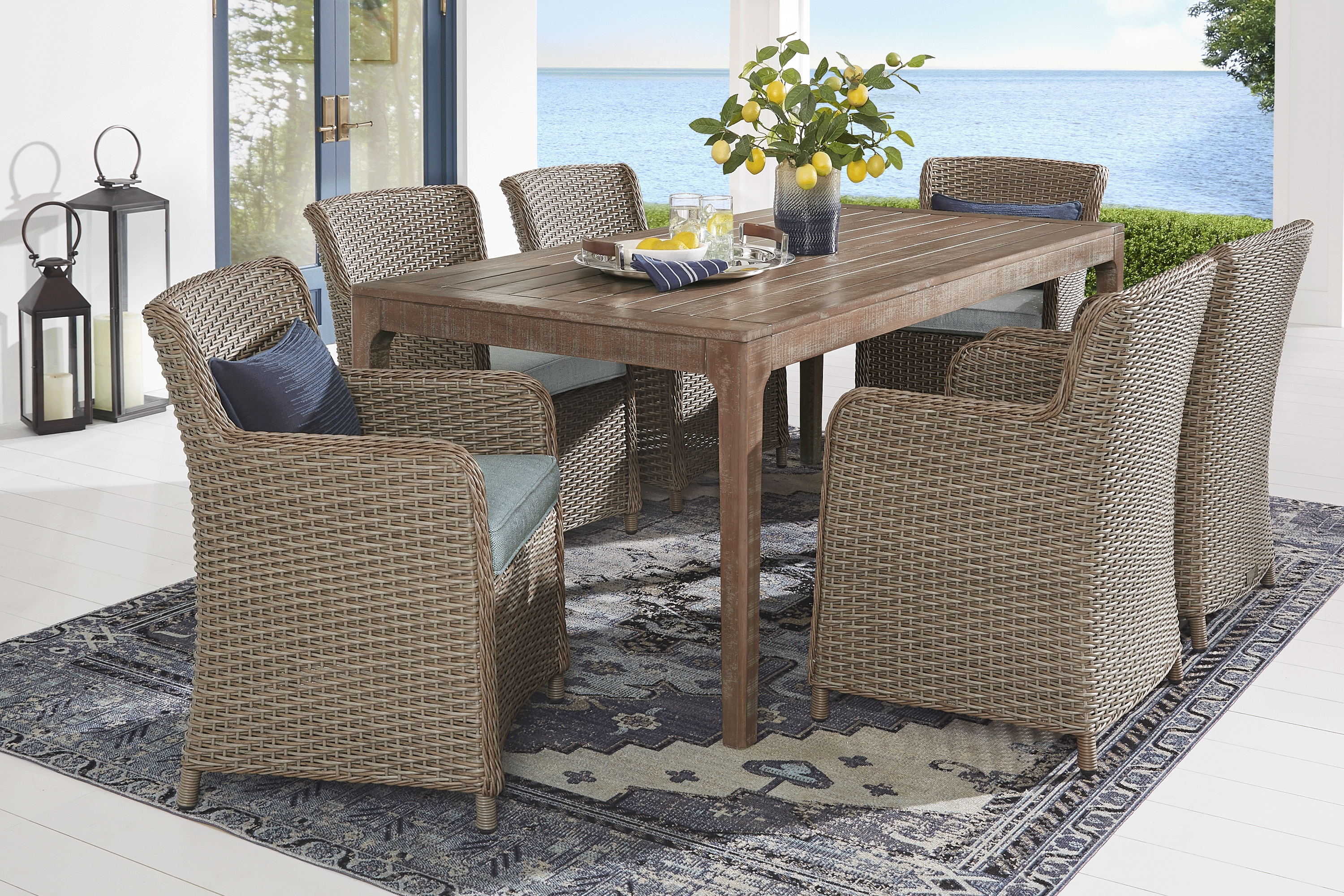 Ridgecrest Natural 7 Pc Rectangle Outdoor Dining Set With Seafoam Cushions - Thumbnail - Image 1