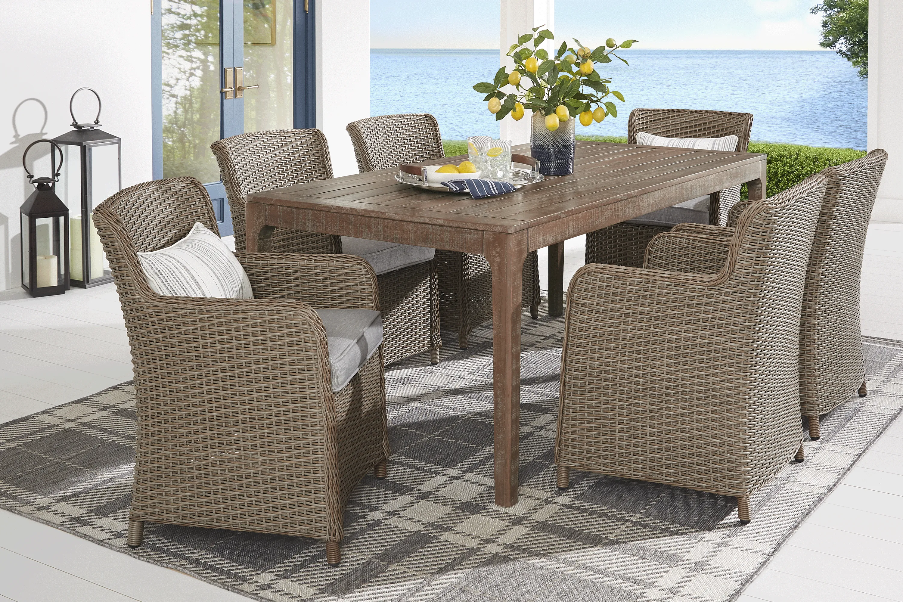 Ridgecrest Natural 7 Pc Rectangle Outdoor Dining Set With Slate Cushions - Thumbnail - Image 1
