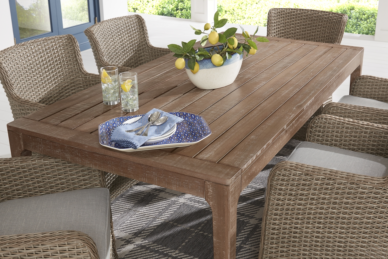 Ridgecrest Natural 7 Pc Rectangle Outdoor Dining Set With Seafoam Cushions - Thumbnail - Image 3