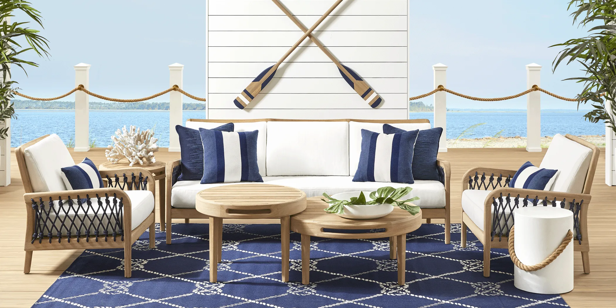 Riva Blonde 5 Pc Outdoor Seating Set with White Cushions - Thumbnail - Image 1