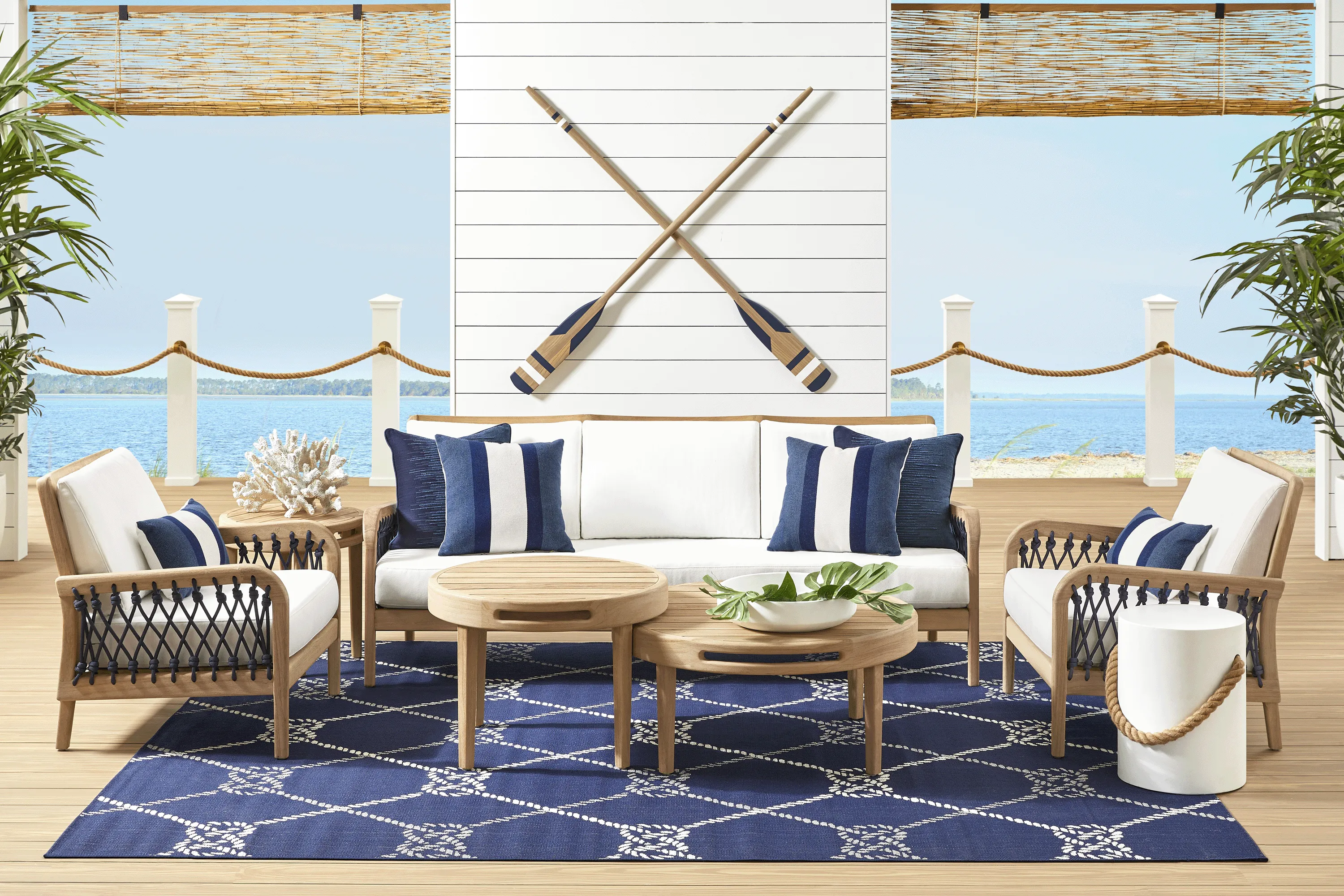 Riva Blonde 6 Pc Outdoor Seating Set with White Cushions - Thumbnail - Image 1