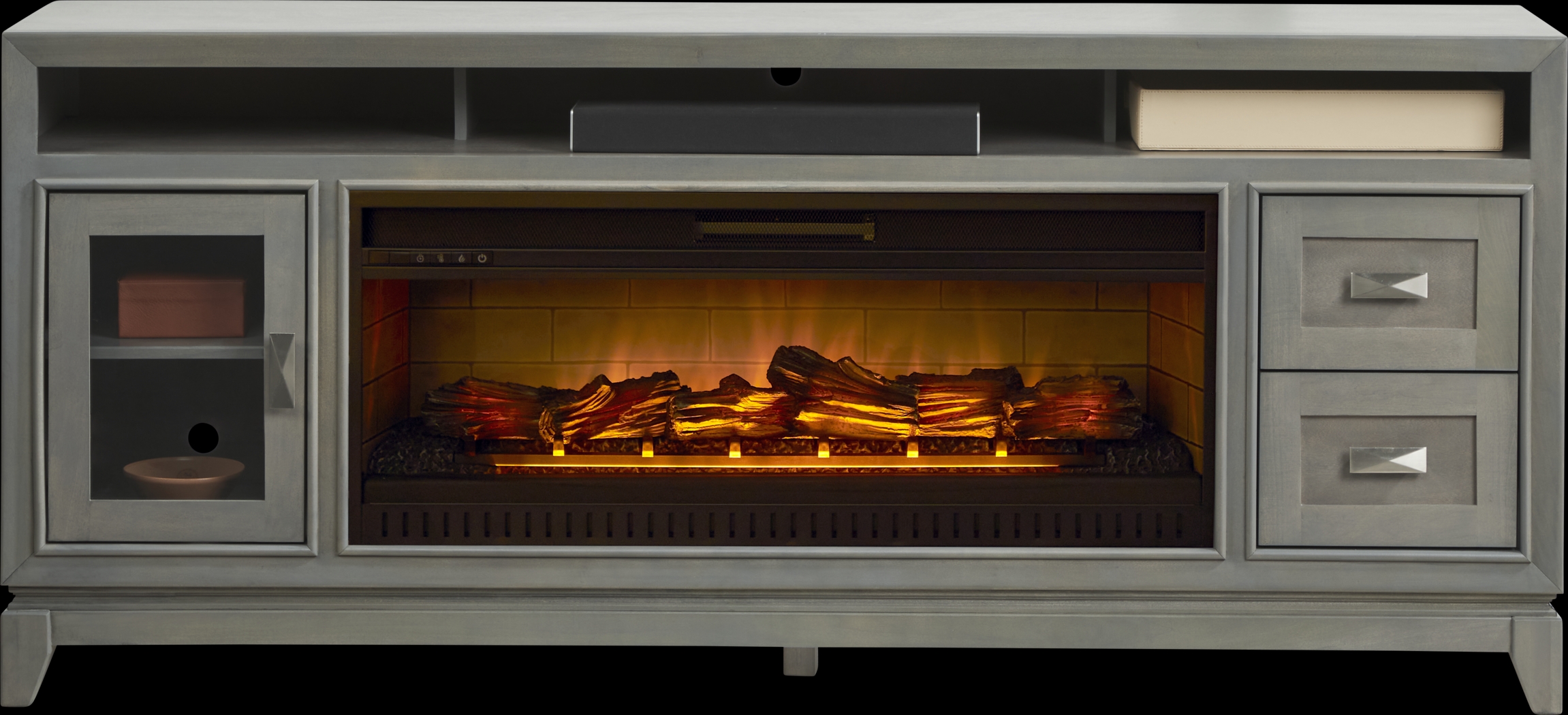 River Terrace Gray 76 in. Console with Electric Log Fireplace - Thumbnail - Image 1