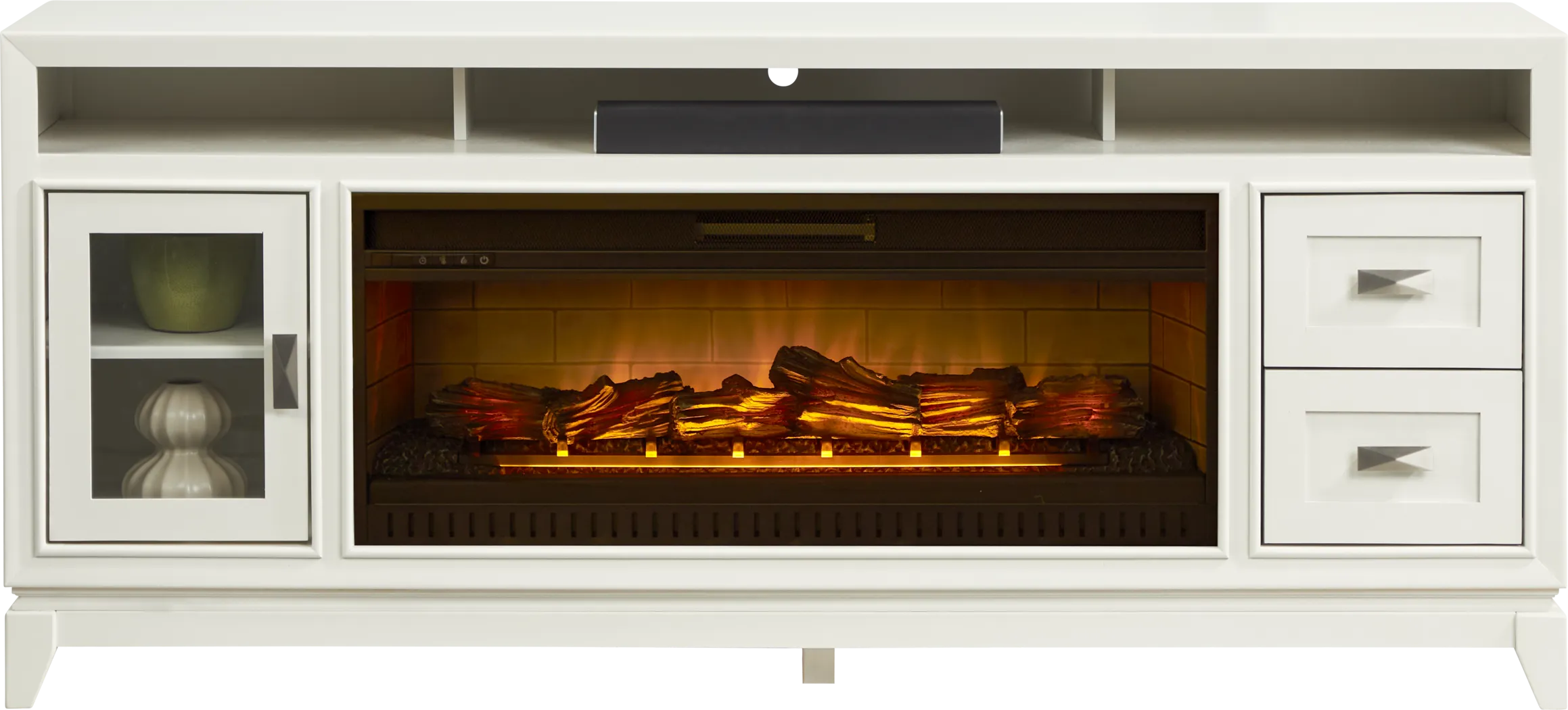 River Terrace Off-White 76 in. Console with Electric Log Fireplace - Thumbnail - Image 1