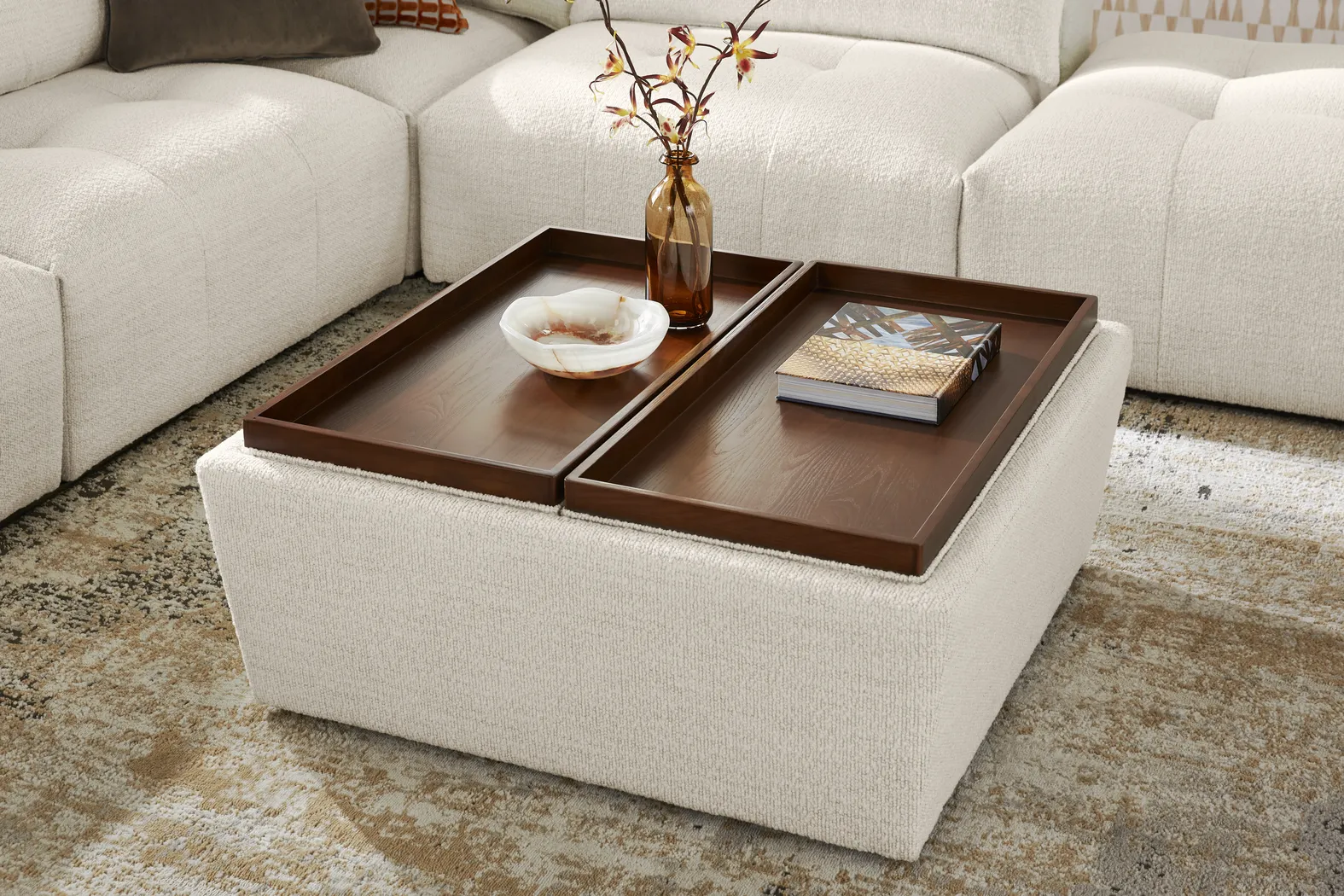 Rogan Place Off-White Beige,White Chenille Fabric Storage Ottoman