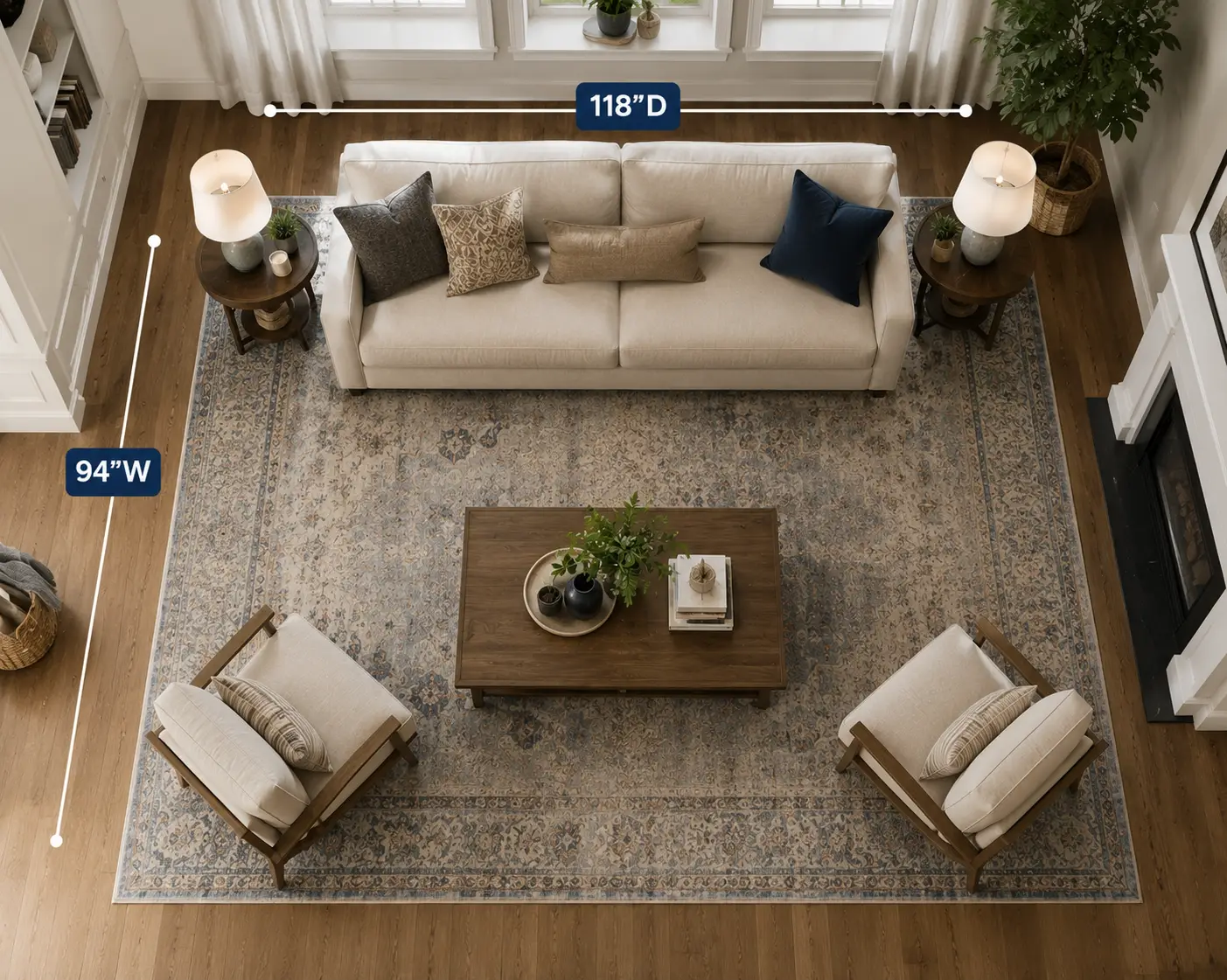 118”D, 94”W. An overhead view of a living room featuring a beige sofa, two armchairs, a coffee table, and a patterned rug.