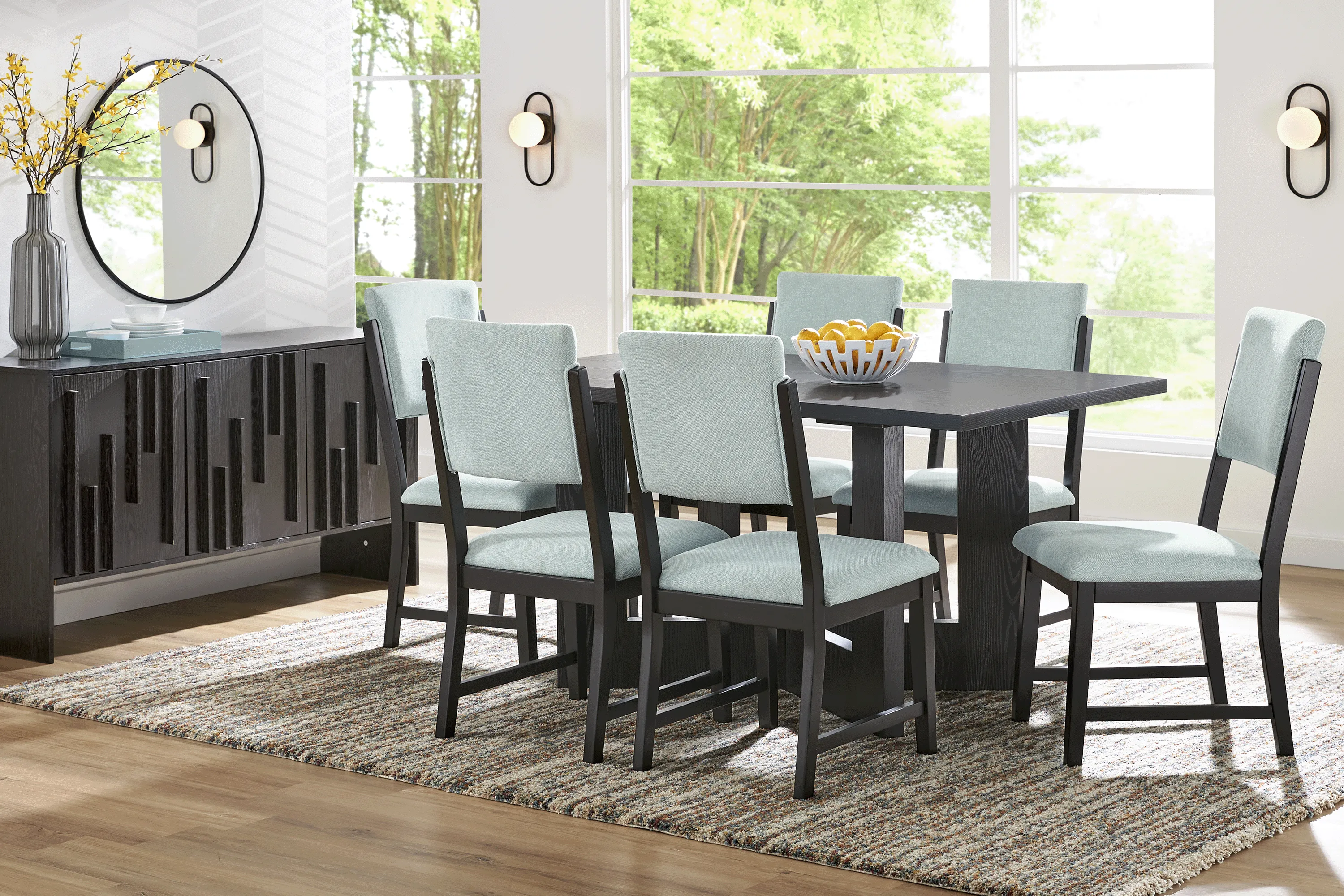Rosolli Black 5 Pc Rectangular Dining Room with Blue Upholstered Chairs - Thumbnail - Image 1