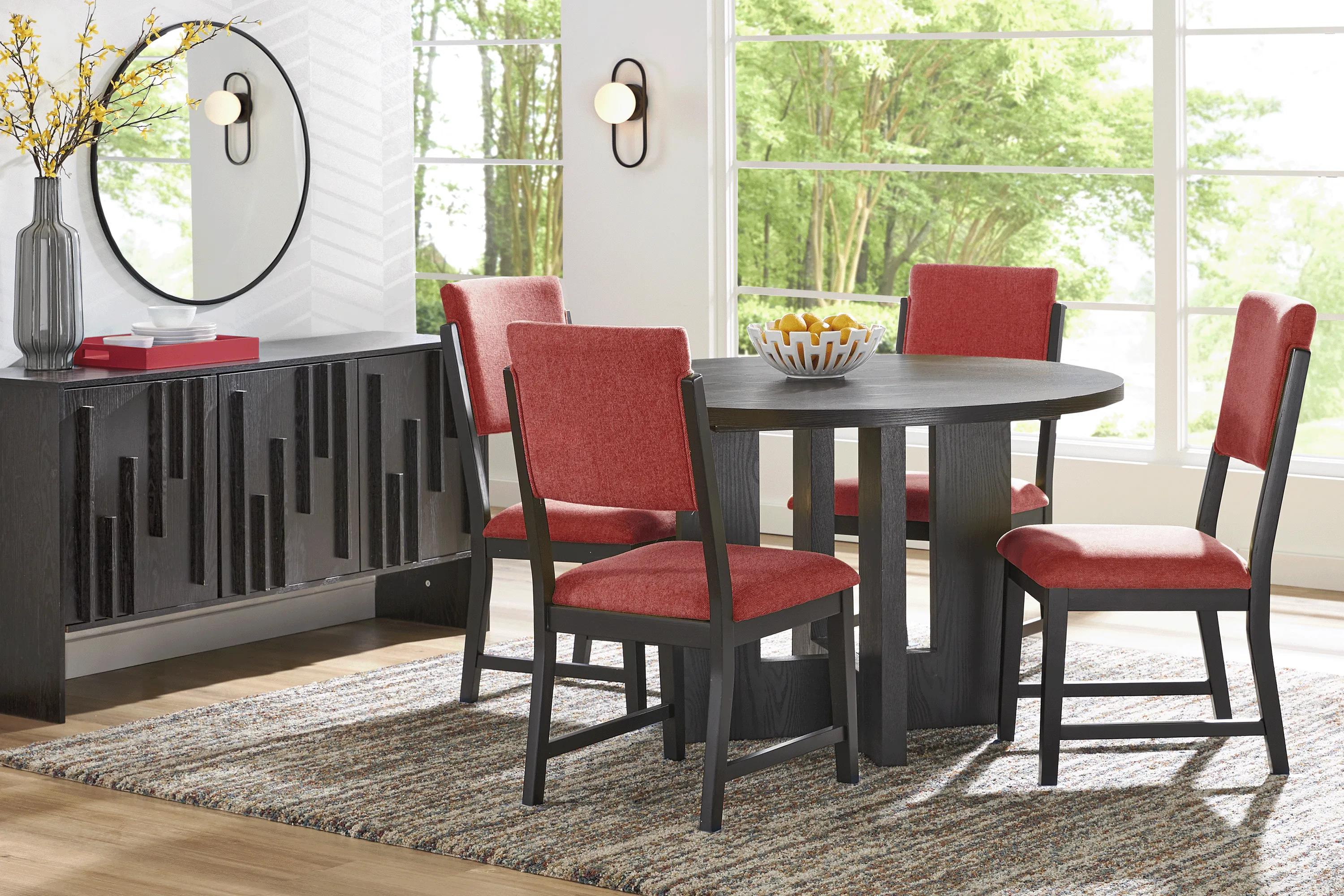 Rosolli Black 5 Pc Round Dining Room with Red Upholstered Chairs - Thumbnail - Image 1