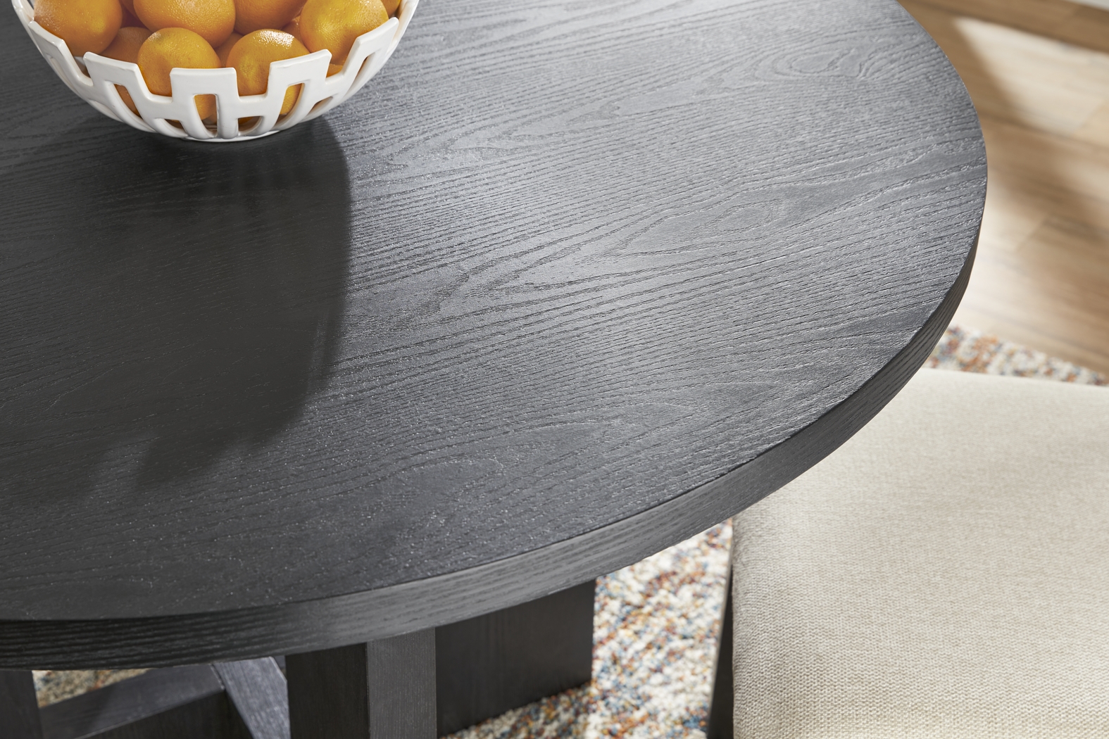 Rosolli Black 5 Pc Round Dining Room with Gray Upholstered Chairs - Thumbnail - Image 3