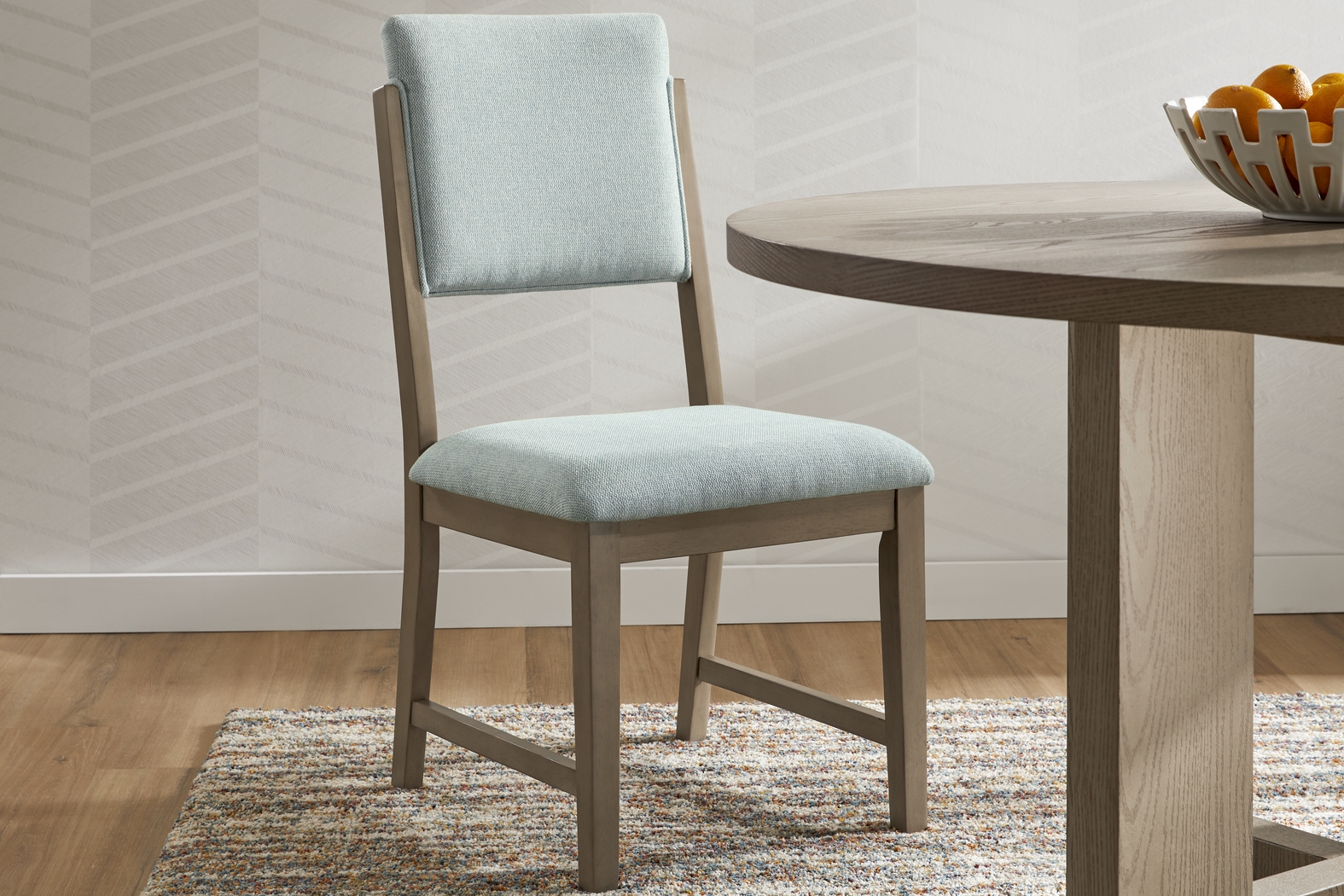 Rosolli Gray 5 Pc Round Dining Room with Blue Upholstered Chairs - Thumbnail - Image 8