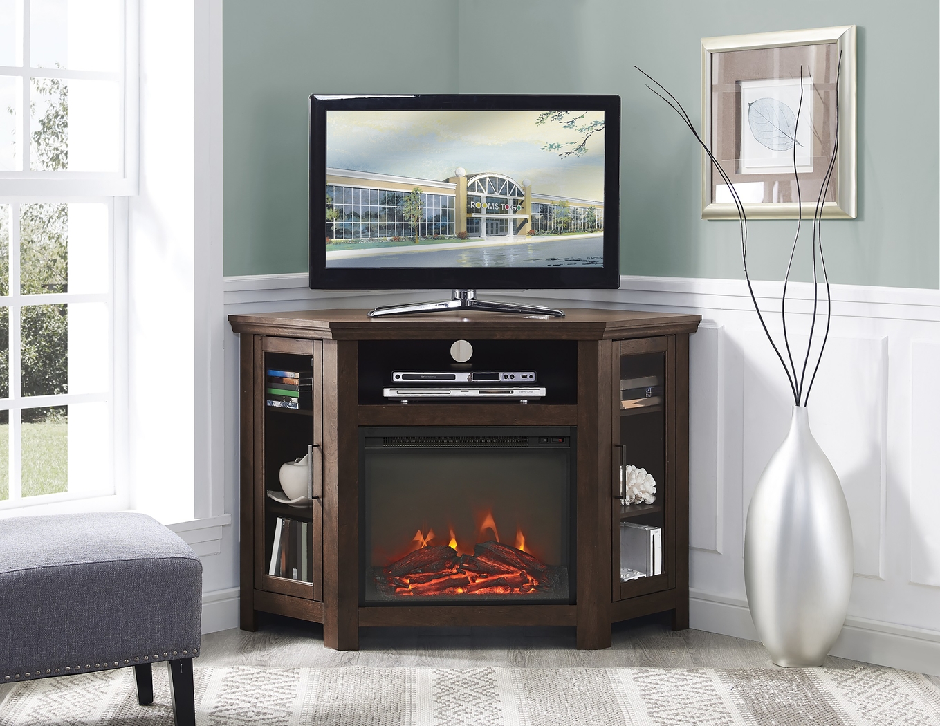Russell Brown 48 in. Corner Console with Electric Fireplace - Thumbnail - Image 4