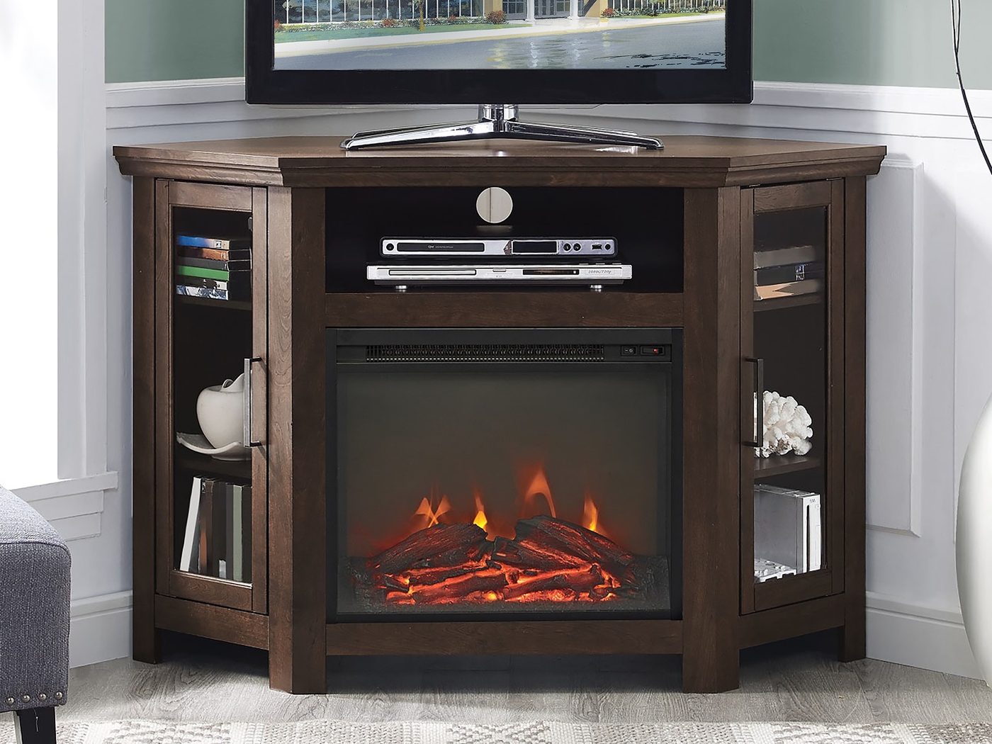 Russell Brown 48 in. Corner Console with Electric Fireplace - Thumbnail - Image 5