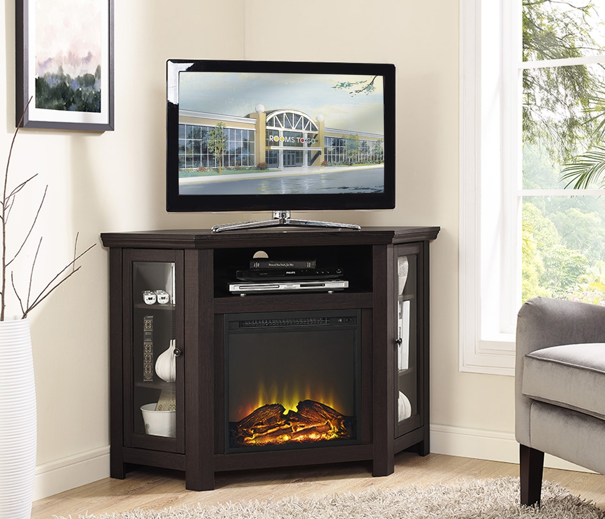 Russell Espresso 48 in. Corner Console with Electric Fireplace - Thumbnail - Image 3