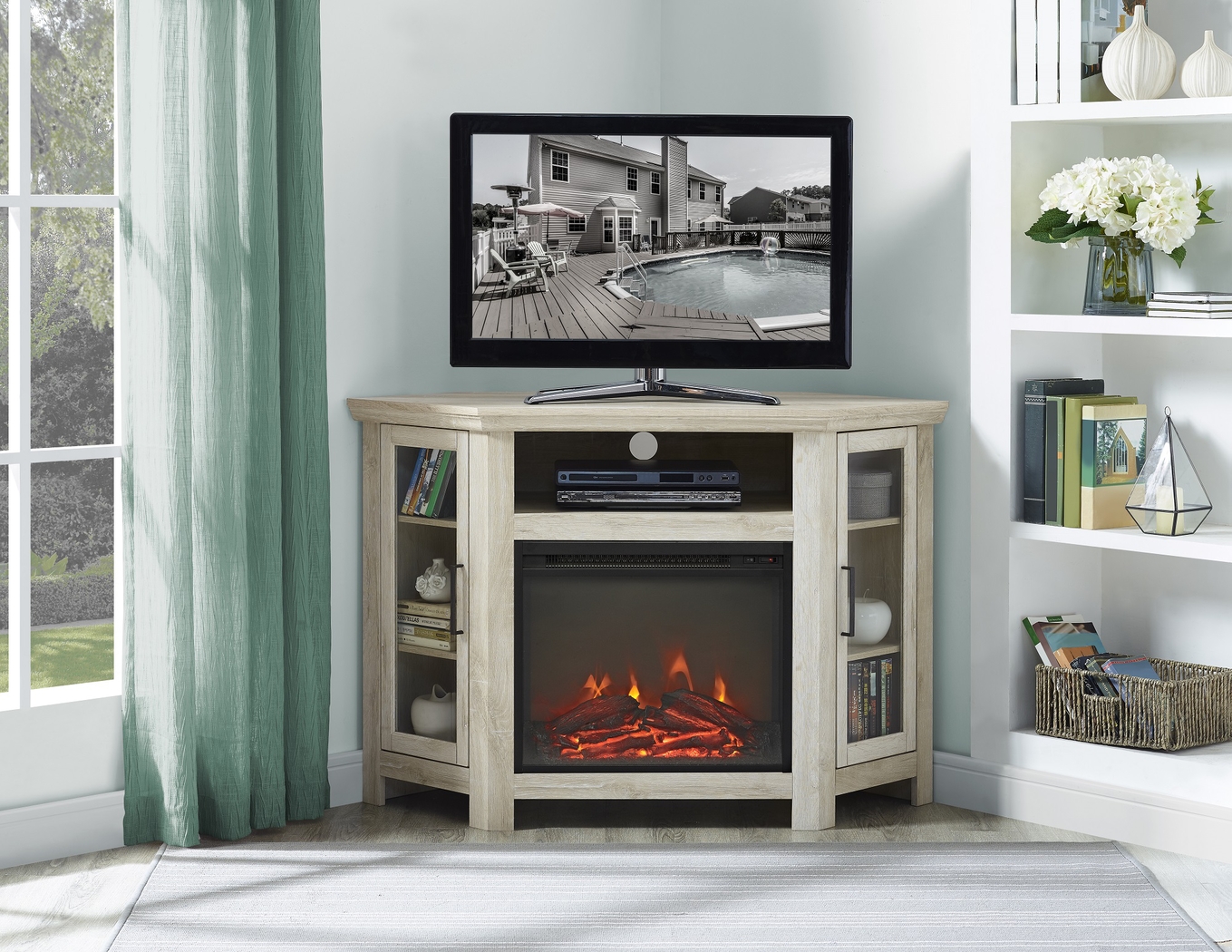 Russell White 48 in. Corner Console with Electric Fireplace - Thumbnail - Image 3