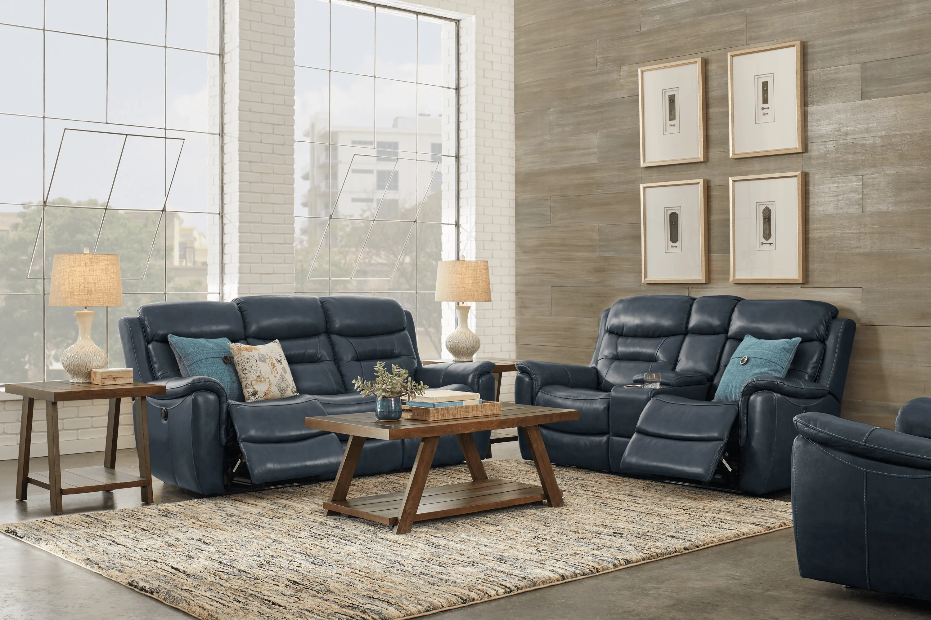 Sabella Navy Leather 7 Pc Reclining Living Room - Thumbnail - Image 1