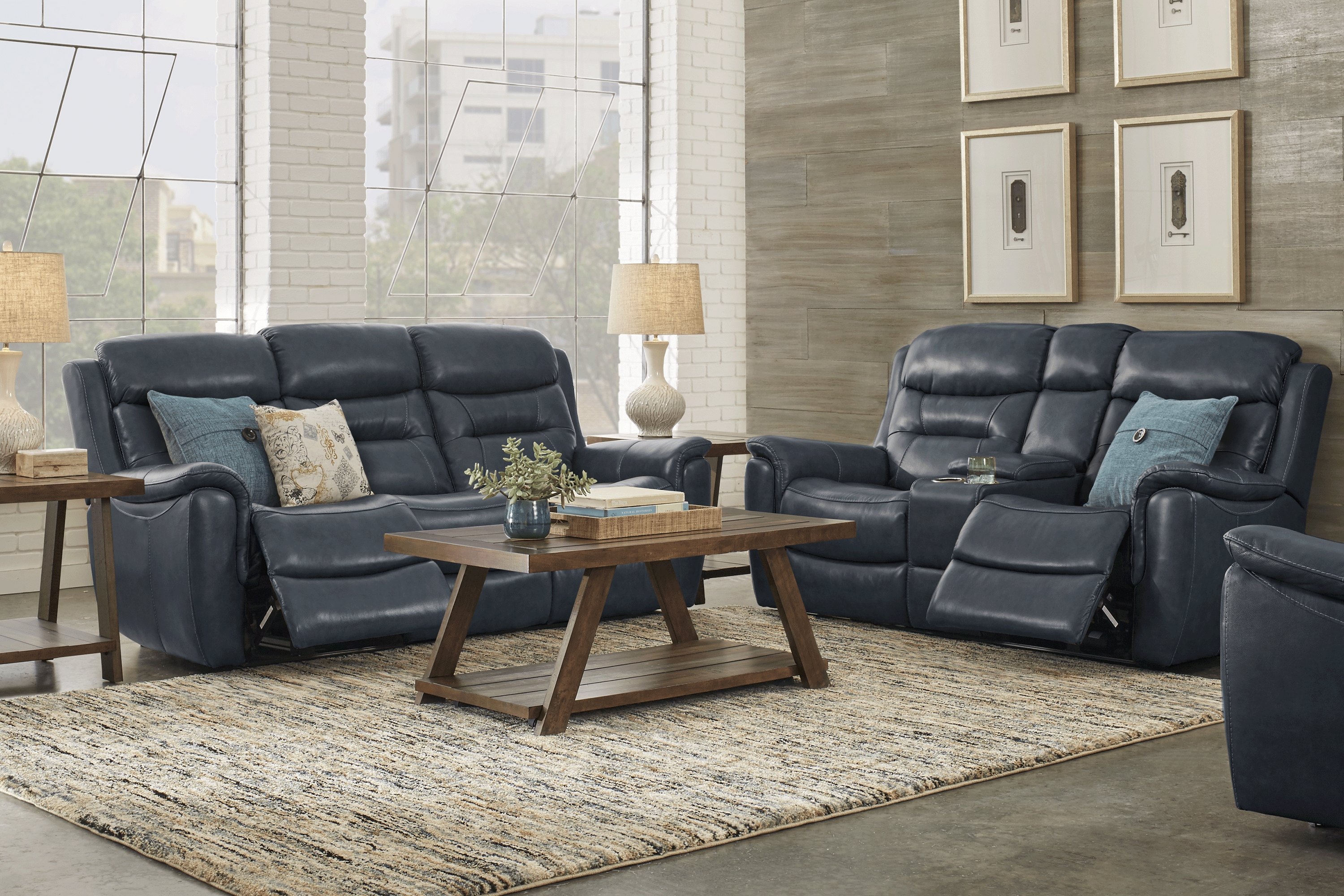 Sabella Navy Leather 7 Pc Power Reclining Living Room - Thumbnail - Image 1