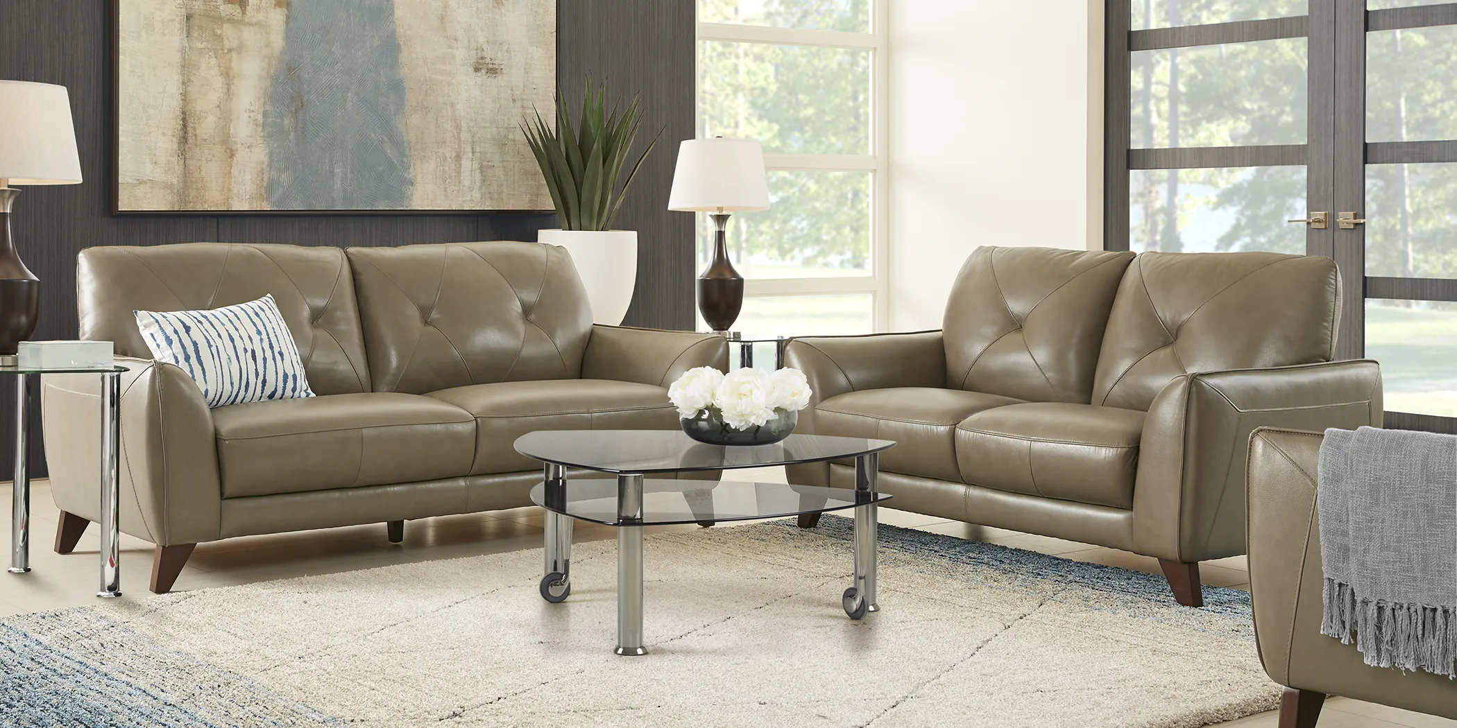 Salviano Beige Leather 3 Pc Living Room - Thumbnail - Image 1