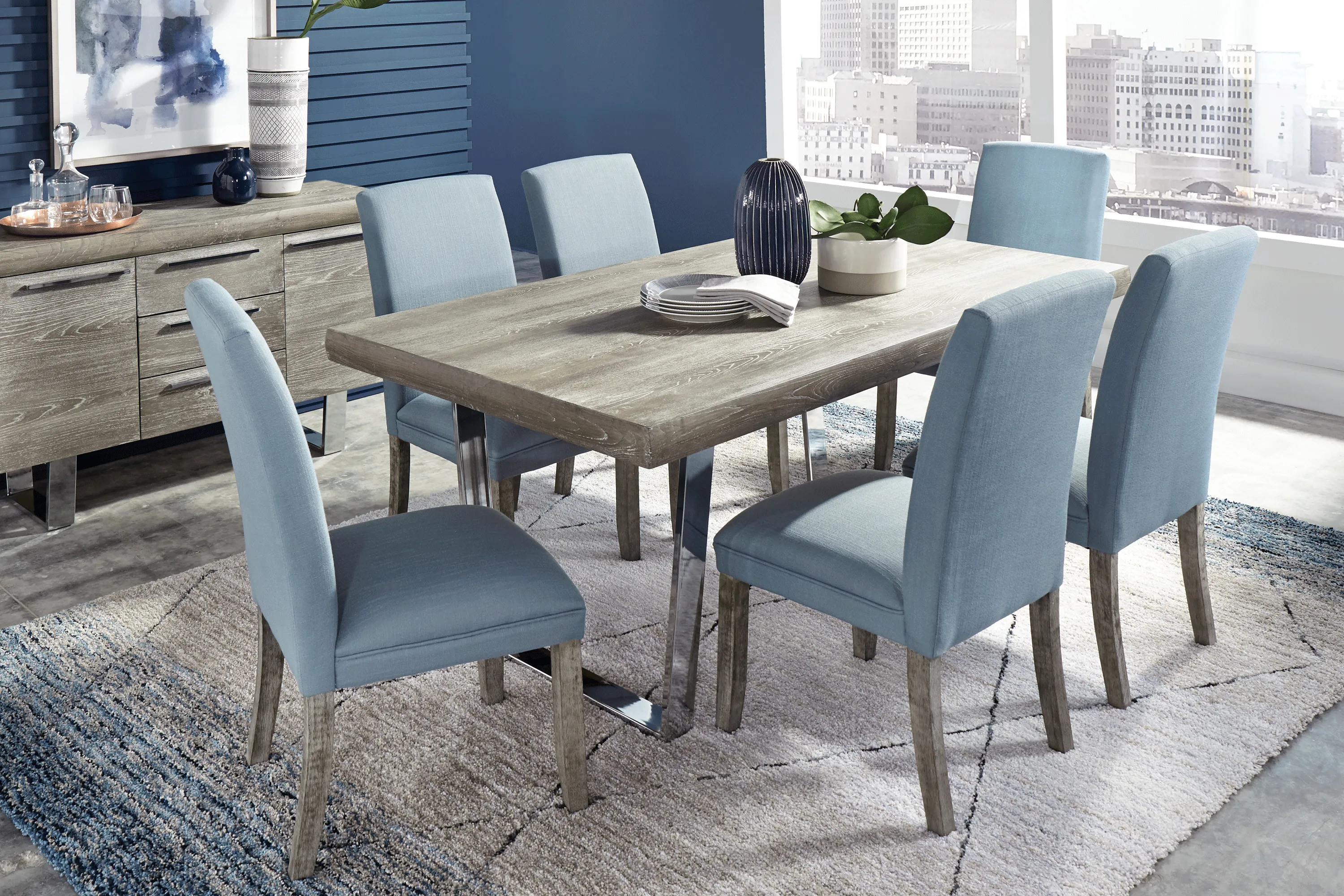 San Francisco Gray 6 Pc Dining Room with Blue Chairs - Thumbnail - Image 1