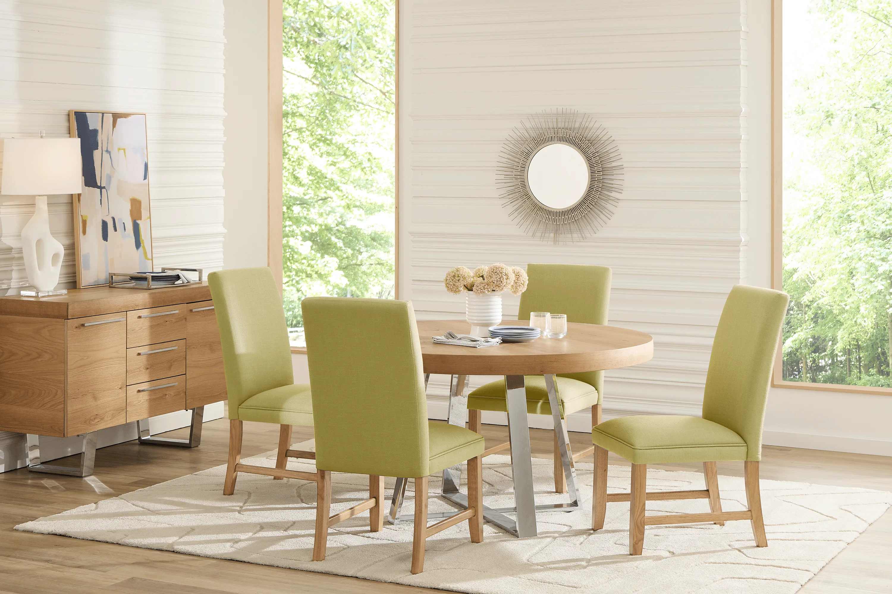 San Francisco Natural 5 Pc Round Dining Room with Green Upholstered Chairs - Thumbnail - Image 1