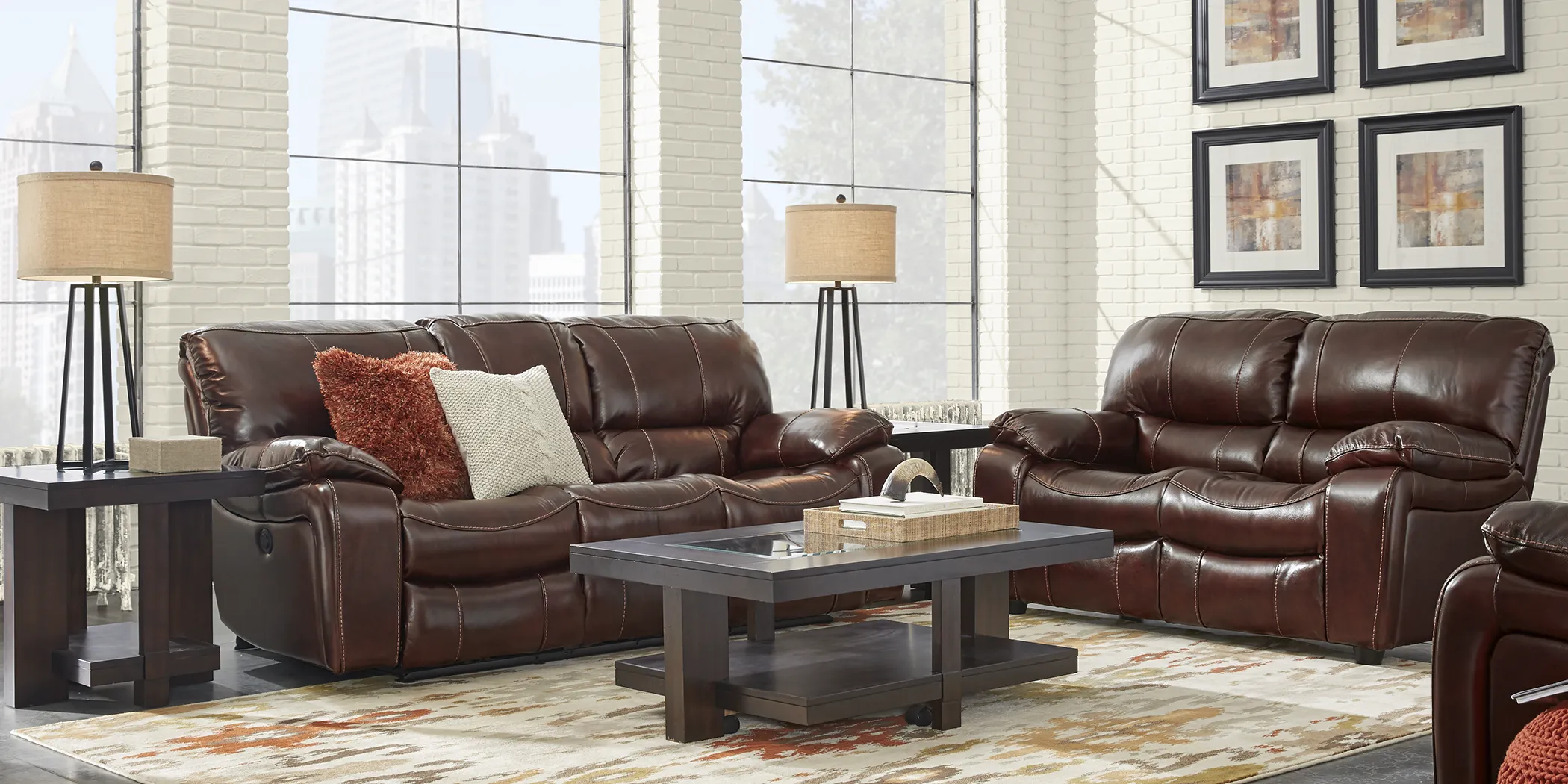 Sanderson Mahogany Leather 3 Pc Living Room with Reclining Sofa - Thumbnail - Image 1