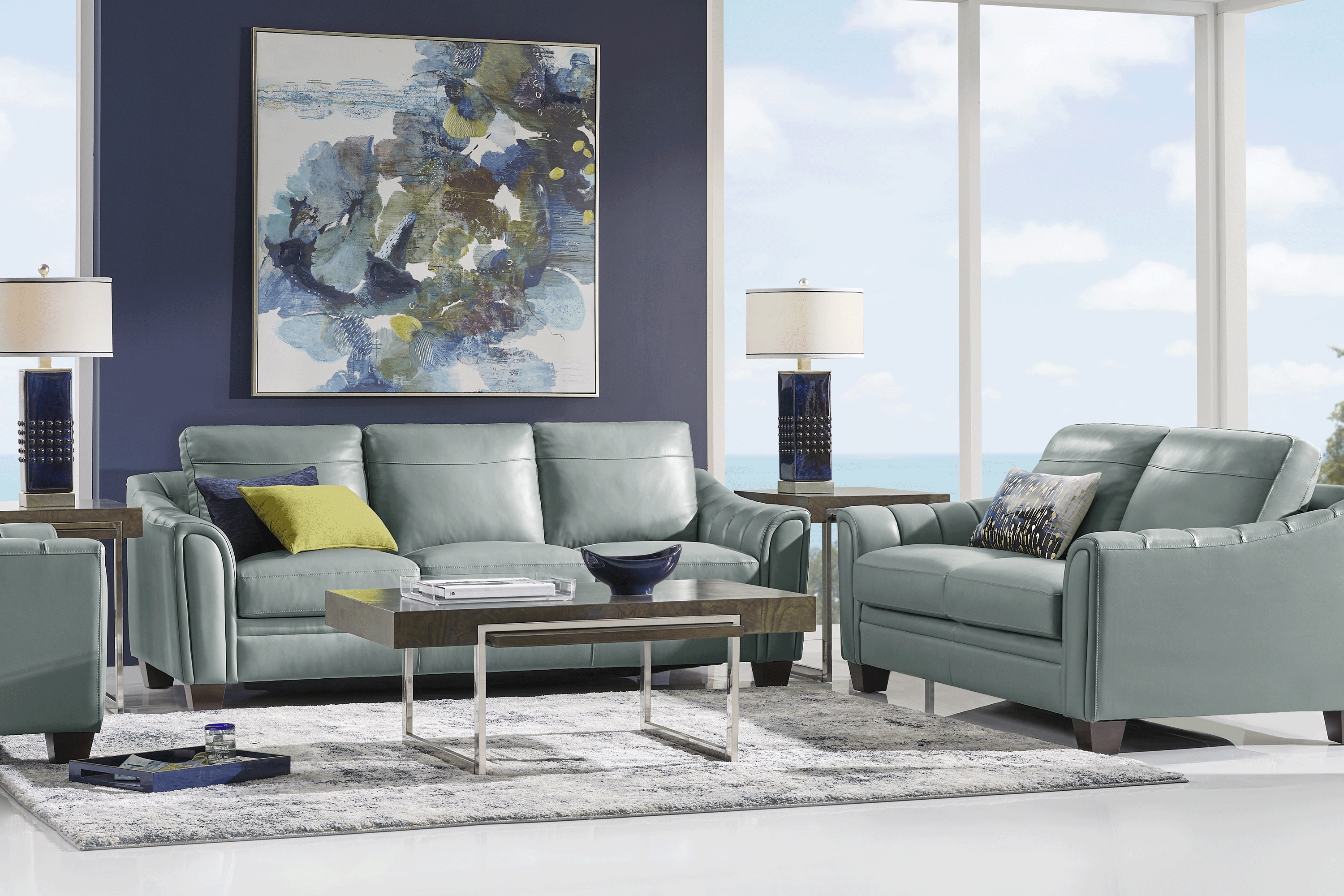 Santa Croce Mint Leather 7 Pc Living Room - Thumbnail - Image 1