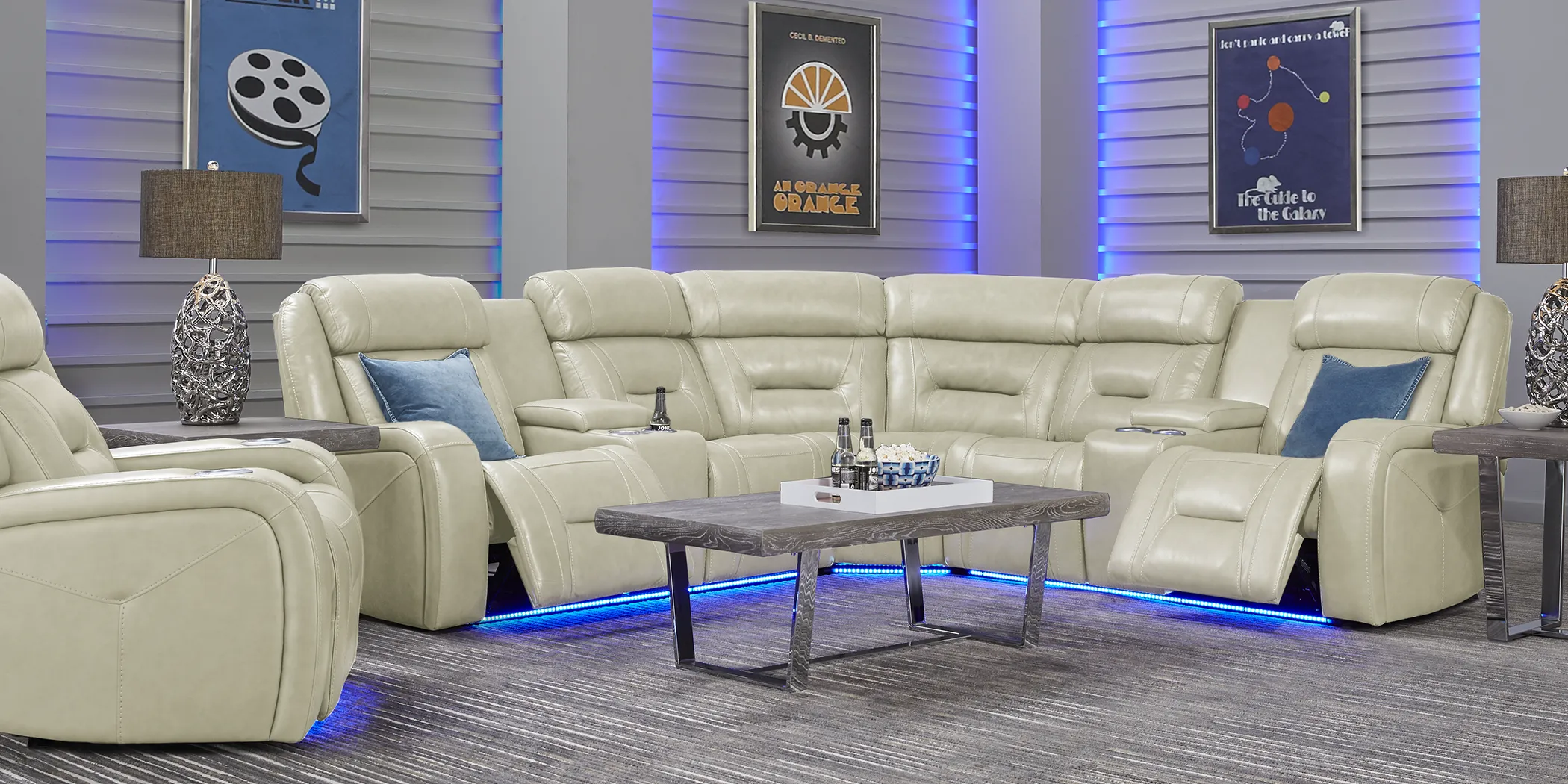 Santarelli Beige Leather 3 Pc Power Reclining Sectional - Thumbnail - Image 2