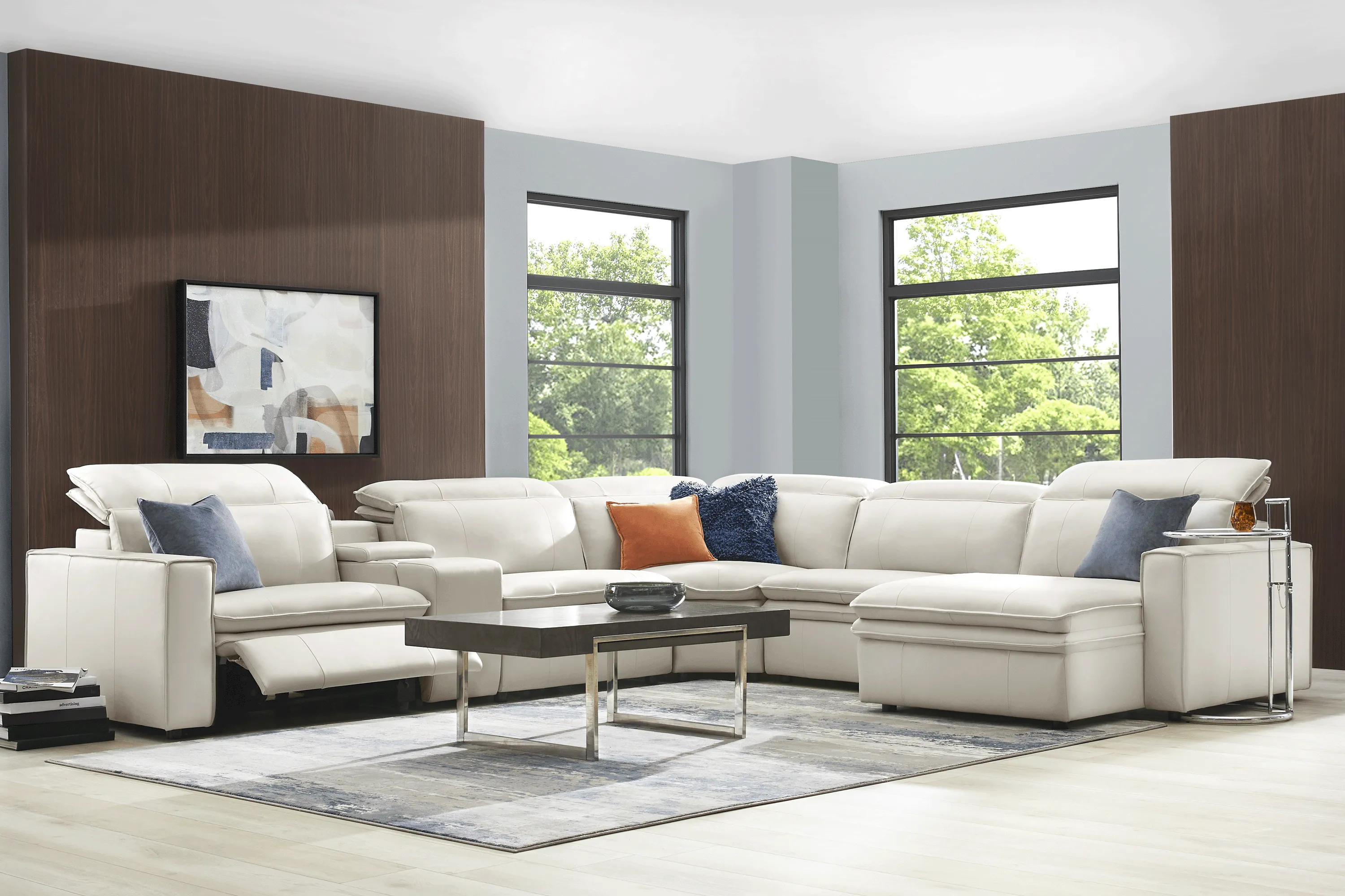 Santorini White Leather 9 Pc Dual Power Reclining Sectional Living Room - Thumbnail - Image 1