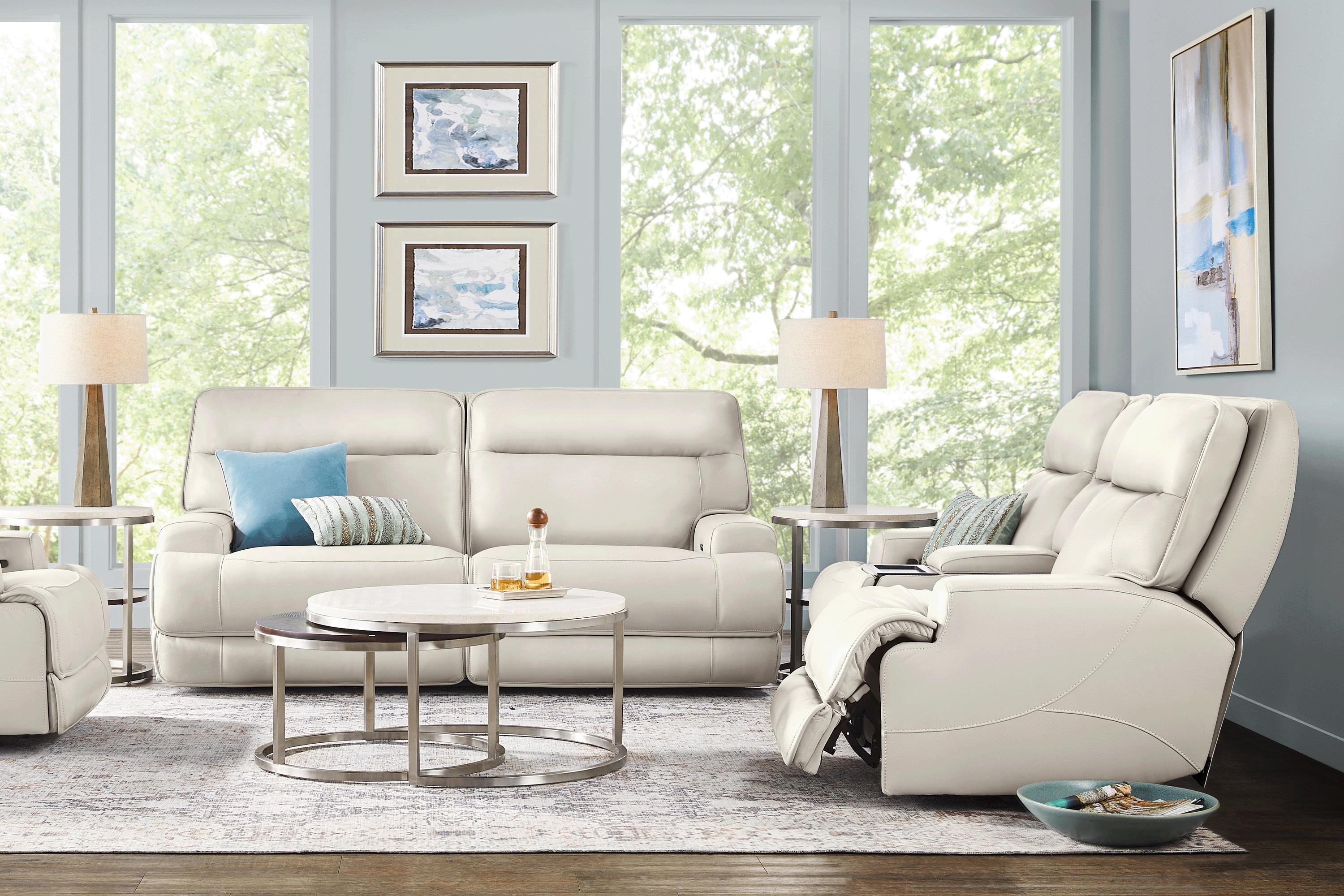 Scarborough Beige 5 Pc Leather Dual Power Reclining Living Room - Thumbnail - Image 1