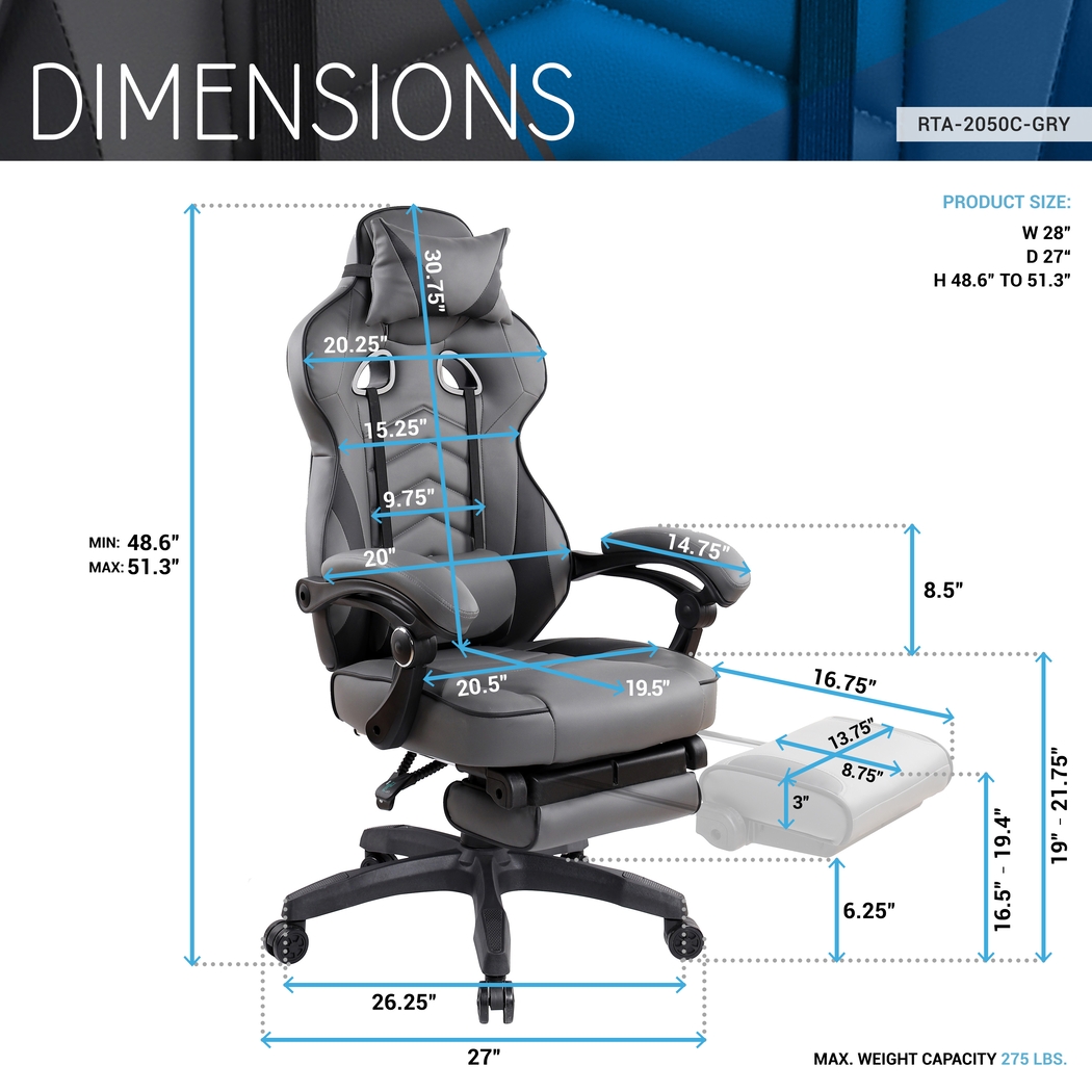 Seoce Gray/Black Gaming Chair - Thumbnail - Image 4