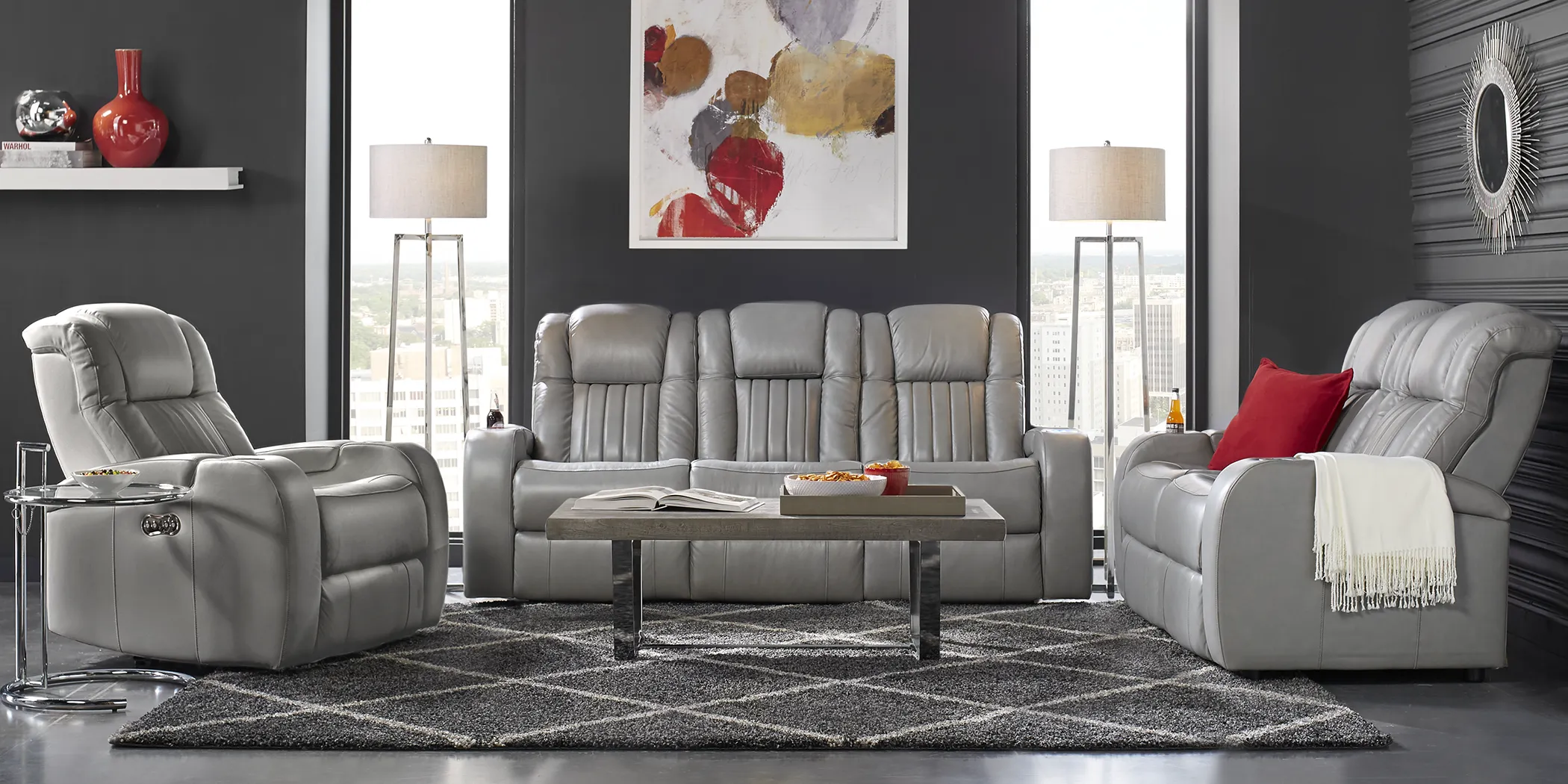 Servillo Platinum Leather 2 Pc Living Room with Dual Power Reclining Sofa - Thumbnail - Image 1