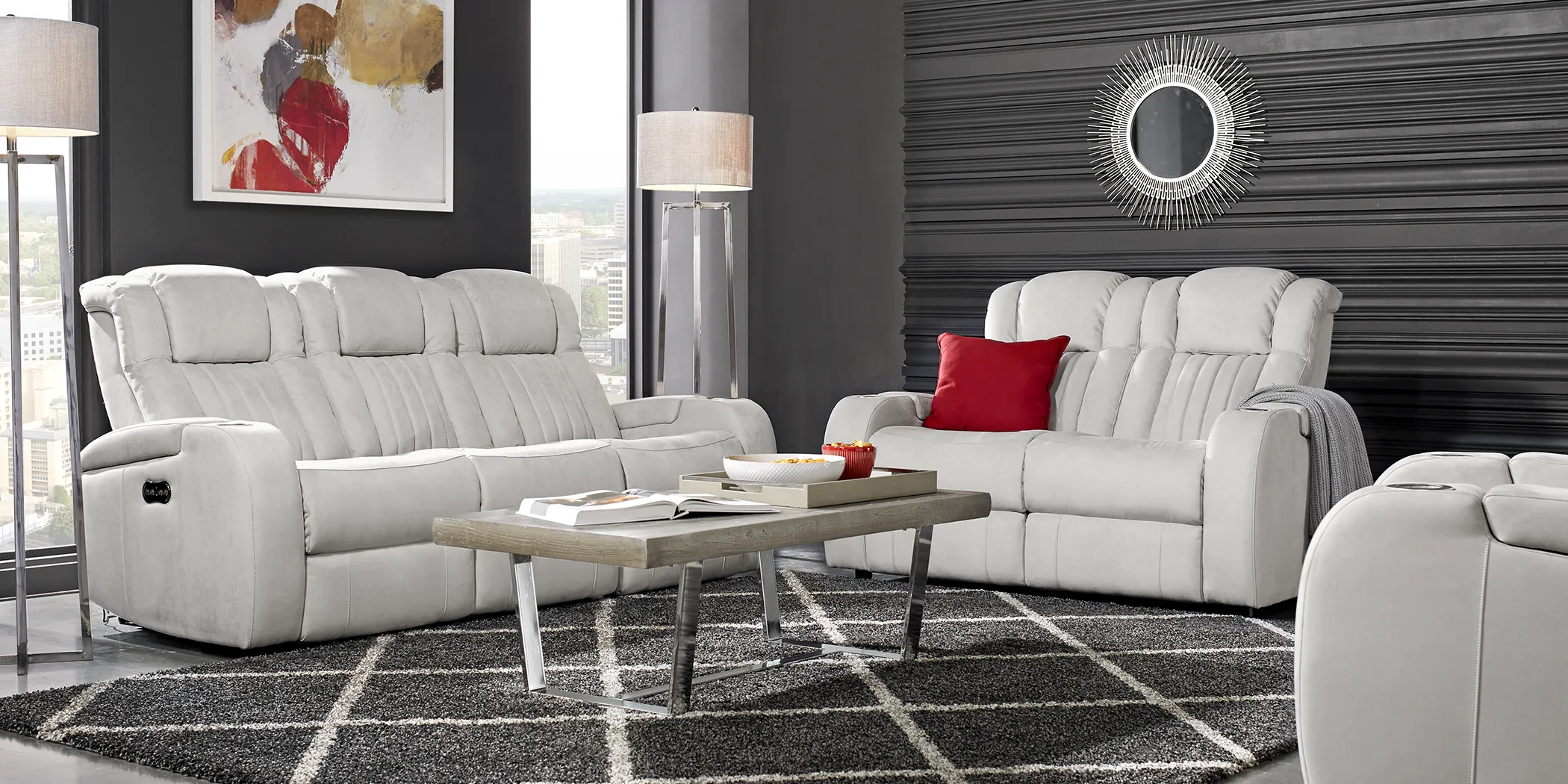 Servillo White Leather 3 Pc Living Room with Dual Power Reclining Sofa - Thumbnail - Image 1