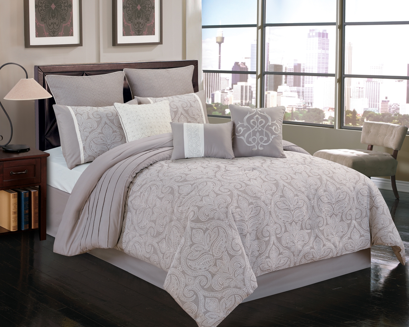 Shaila Gray 10 Pc Queen Comforter Set - Thumbnail - Image 1