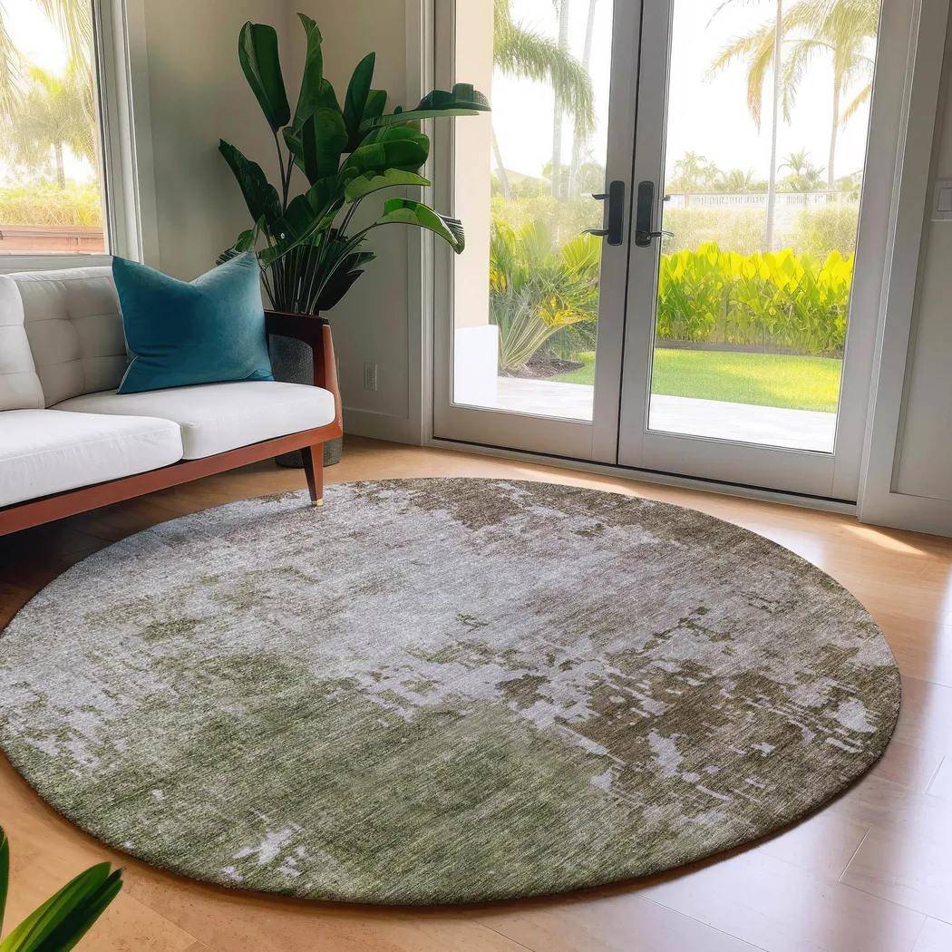 Shama Green 8' Round Machine Washable Rug - Thumbnail - Image 2